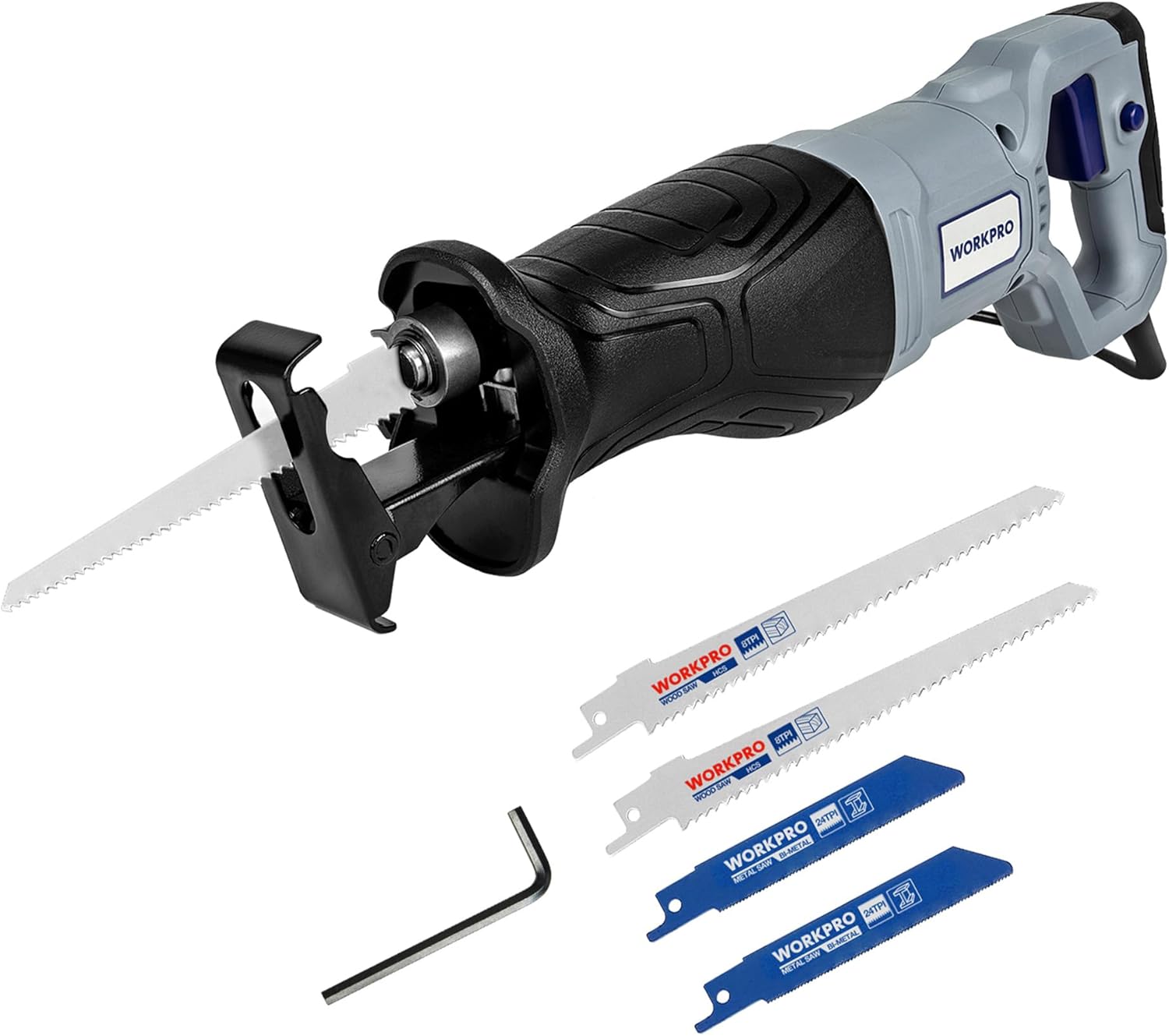 WORKPRO 710W Reciprocating Saw with Variable Speed, Tool-Free Blade Change (4 Blades, 20 mm Stroke)