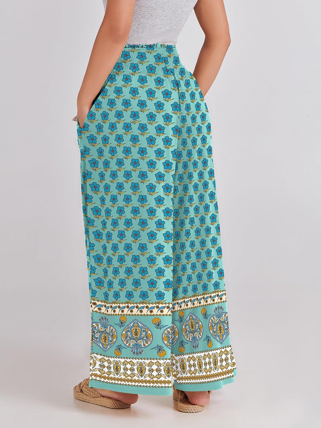 Detalle 2 de ANRABESS Women Palazzo Pants Summer Boho Bagyy Wide Leg High Smocked Waist with Pockets