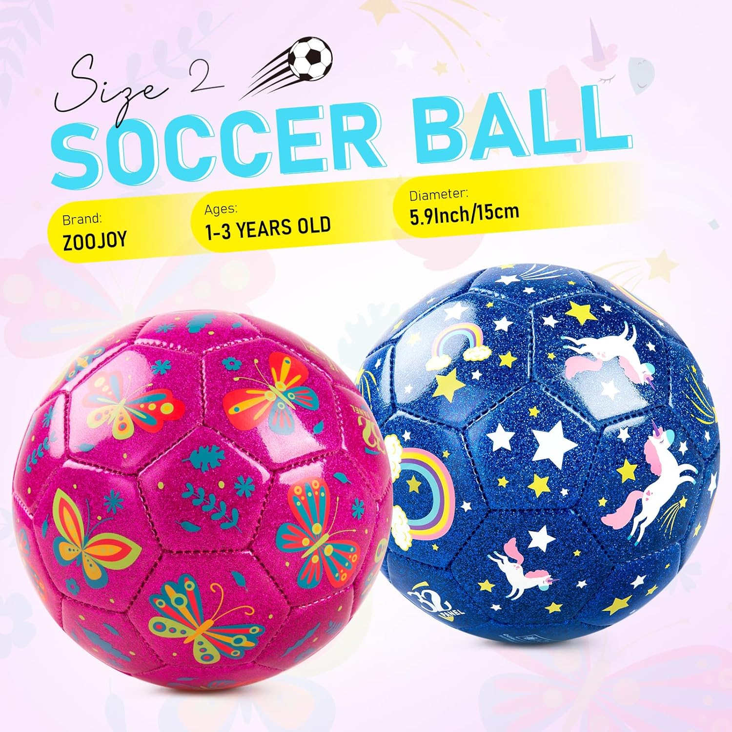 Thumbnail 1 de ZOOJOY Glitter Cartoon Soccer Ball Size 2 (2-Pack) with Pump & Mesh Bag for Toddlers