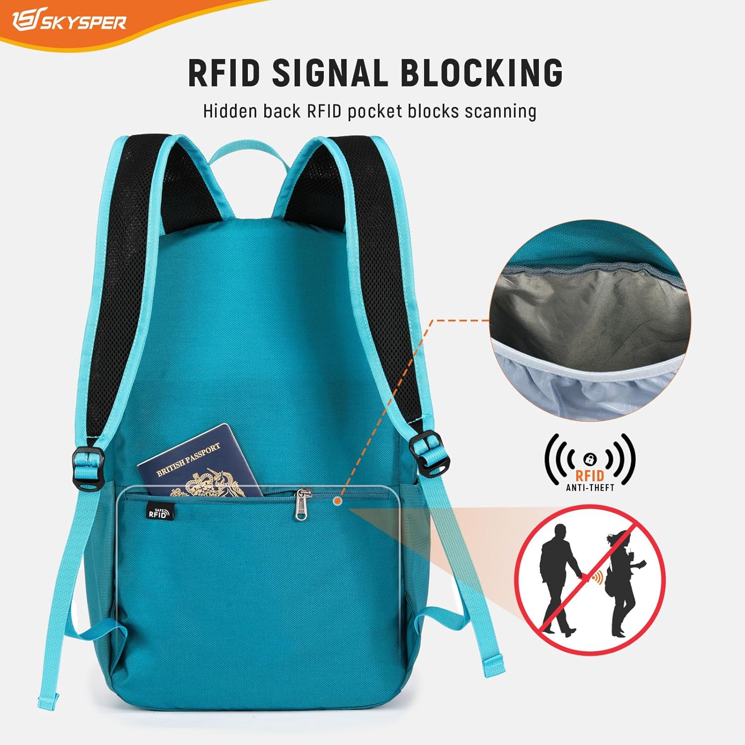 Detalle 2 de SKYSPER 20L lightweight anti-theft RFID foldable travel backpack (packable daypack)