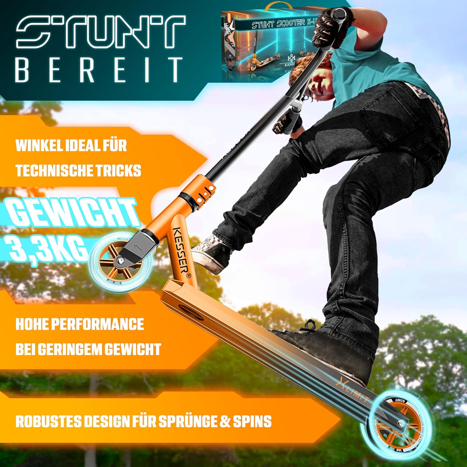 Thumbnail 3 de KESSER Stunt Scooter X-Limit mit 360°-Lenkung, ABEC 9 und 100-mm-PU-Rädern (bis 100 kg)