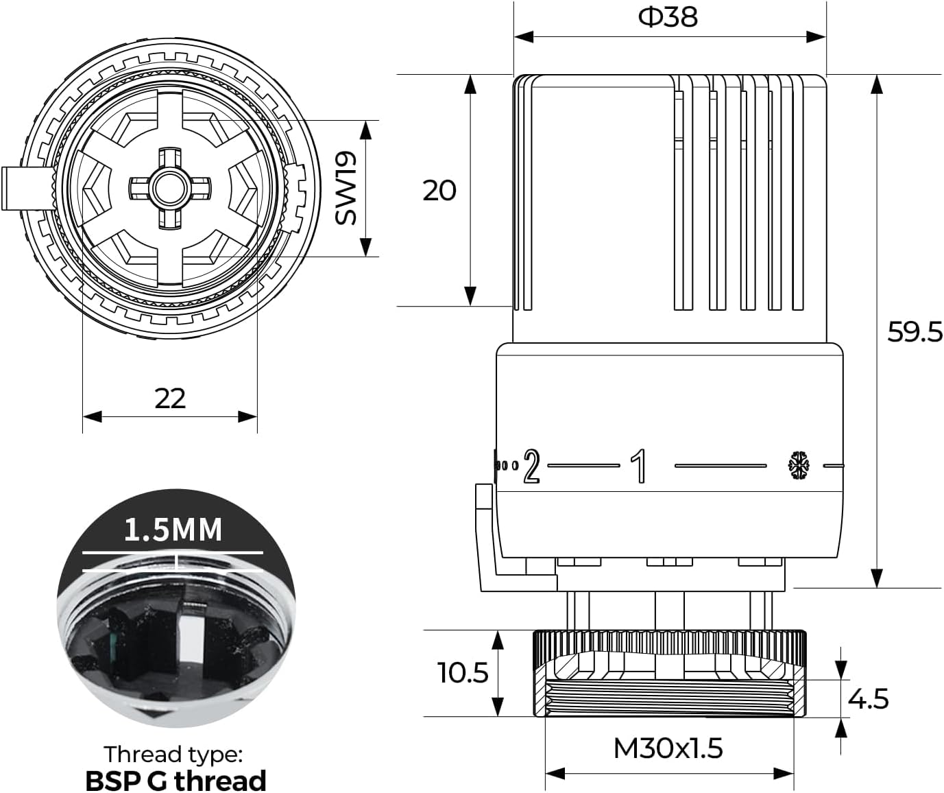 Detalle 2 de VANCOCO 2 STK Thermostatkopf M30×1,5