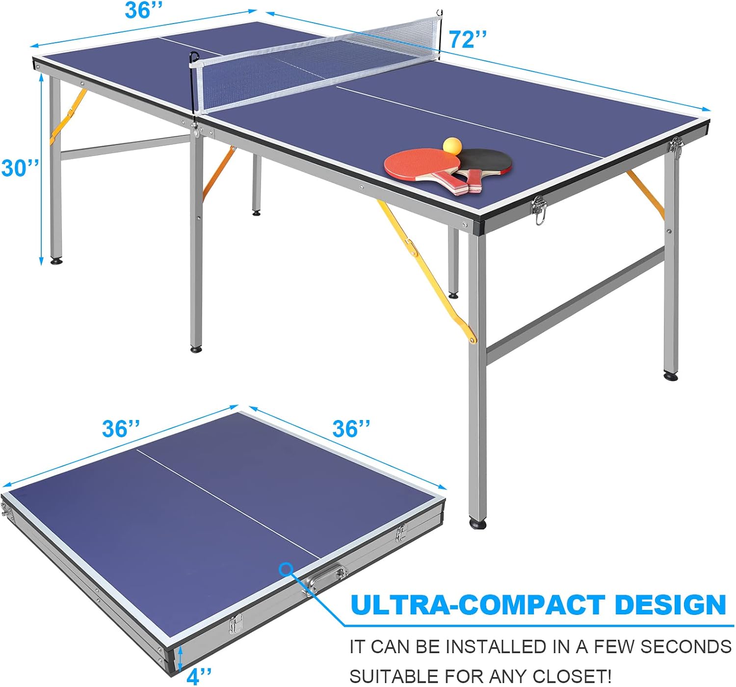 Detalle de REXOUS 6ft Mid-Size Foldable Table Tennis Table Set (with net, 2 paddles and 3 balls), blue