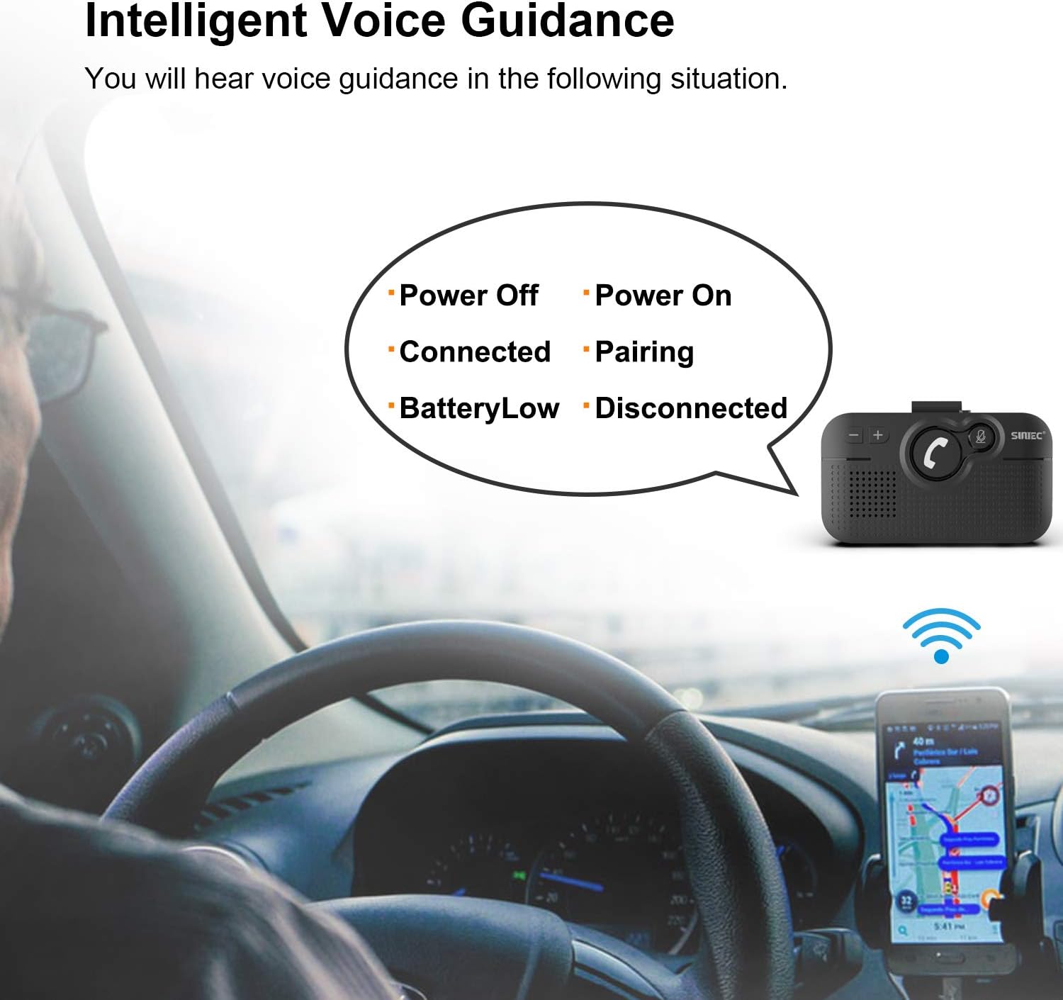 Detalle 1 de SUNITEC BC980SA Hands Free Car Phone Kit Bluetooth with Auto Power On and Siri support