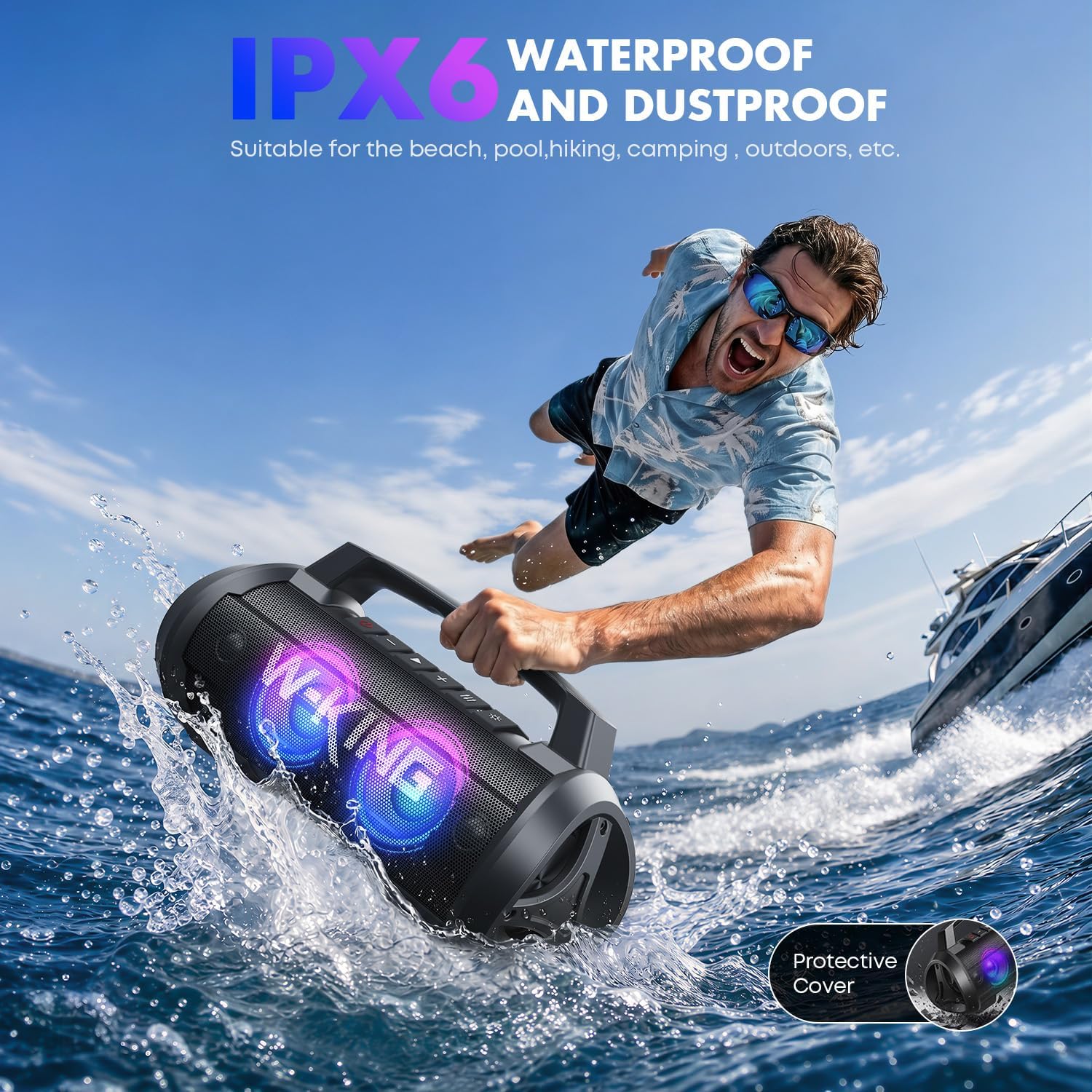 Detalle de W-KING Bluetooth-Lautsprecher D10 (120 W Peak) mit Bass Boost, DSP/EQ, IPX6, 42 Std. Akku, Party-Box-Licht