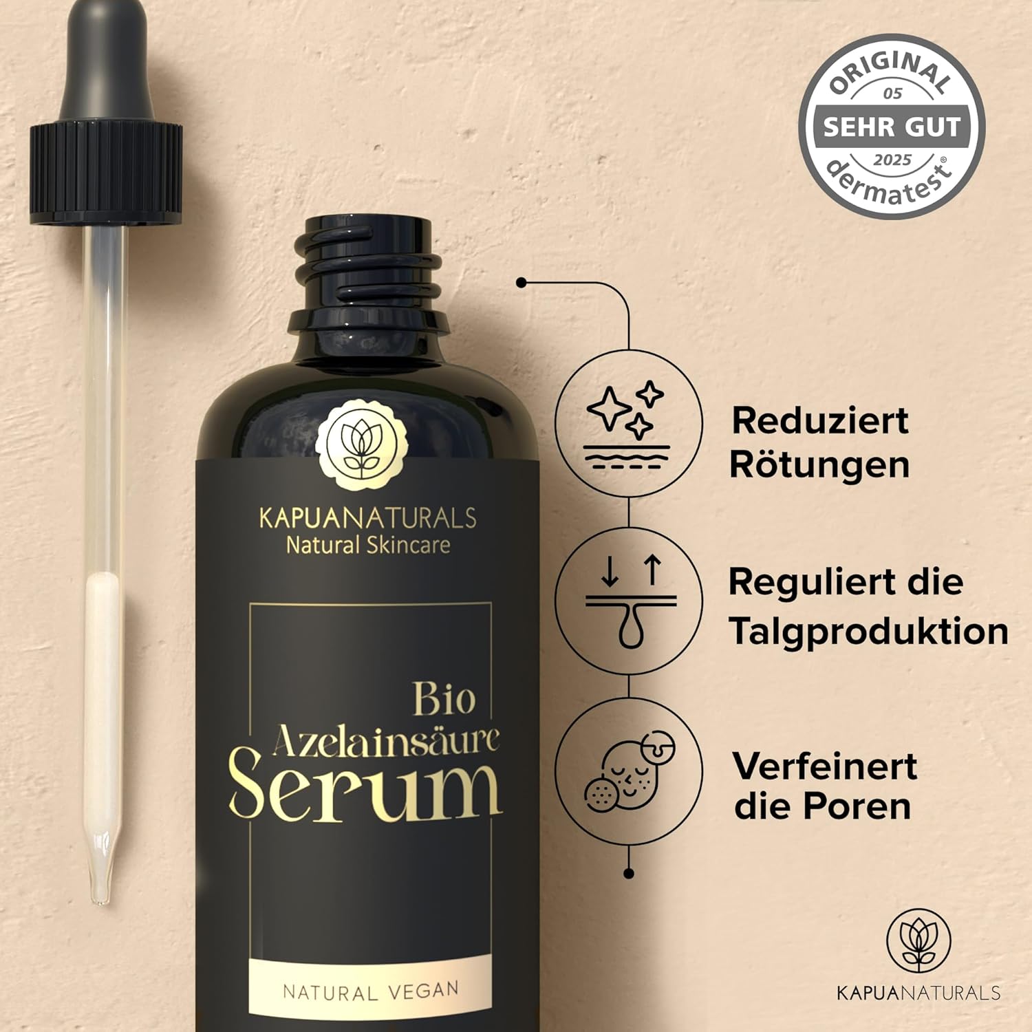 Detalle de BIO Azelainsäure Serum hochdosiert (100 ml) mit Panthenol, Zink, Calendula, Escin und Süßholz-Extrakt – vegan, made in Germany