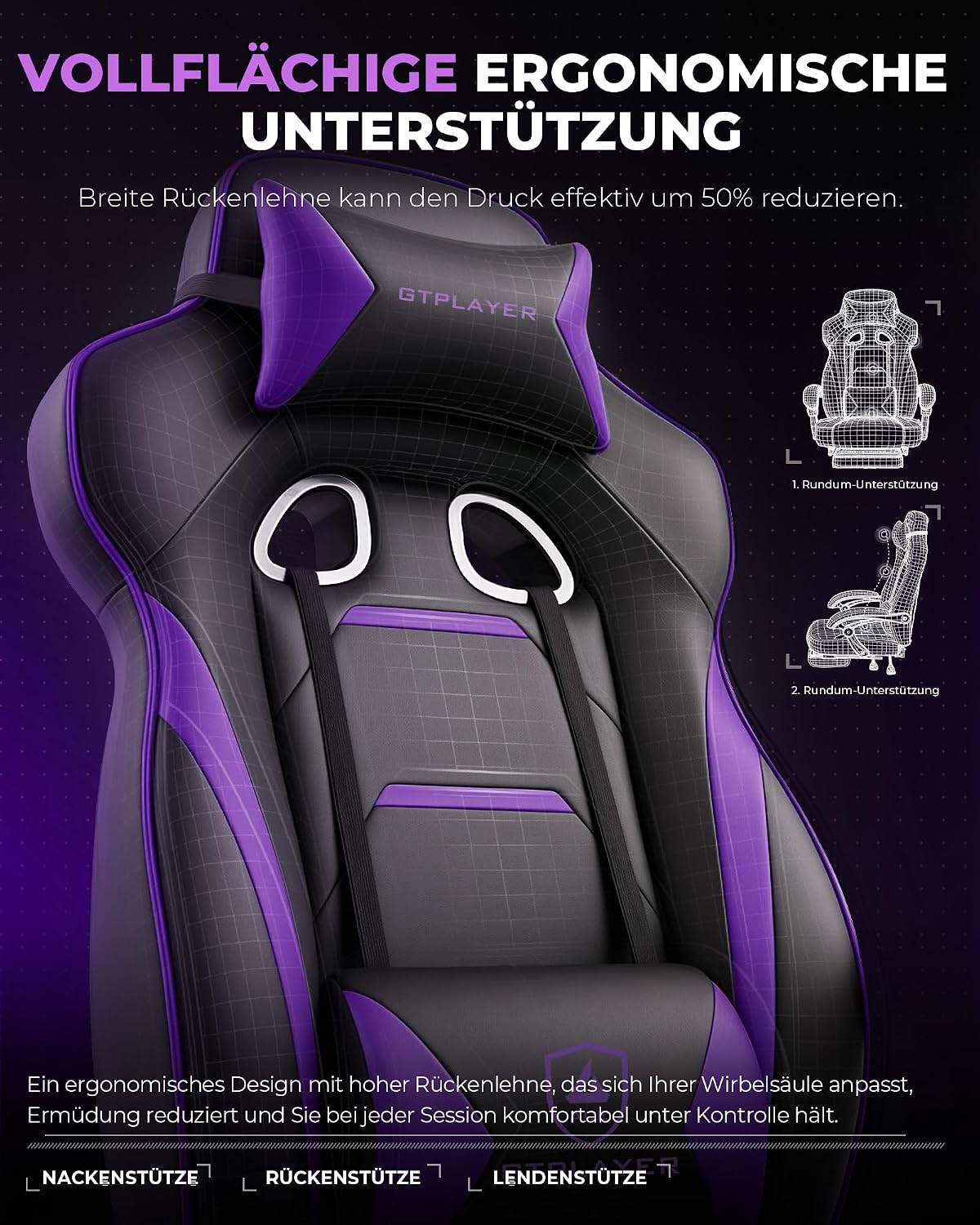Thumbnail 5 de GTPLAYER Gaming Stuhl mit Fußstütze – Ergonomischer 180 kg Schwerlast-Gaming-Sessel mit Lendenwirbelstütze, Kopfstütze und verstellbarer Fußstütze