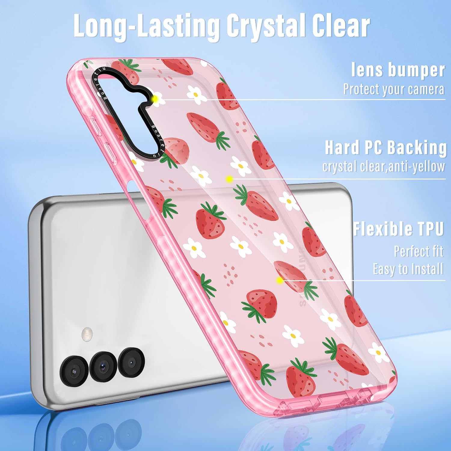 Detalle de Boaretiu Galaxy A14 5G Strawberry Case with 360° Ring Kickstand