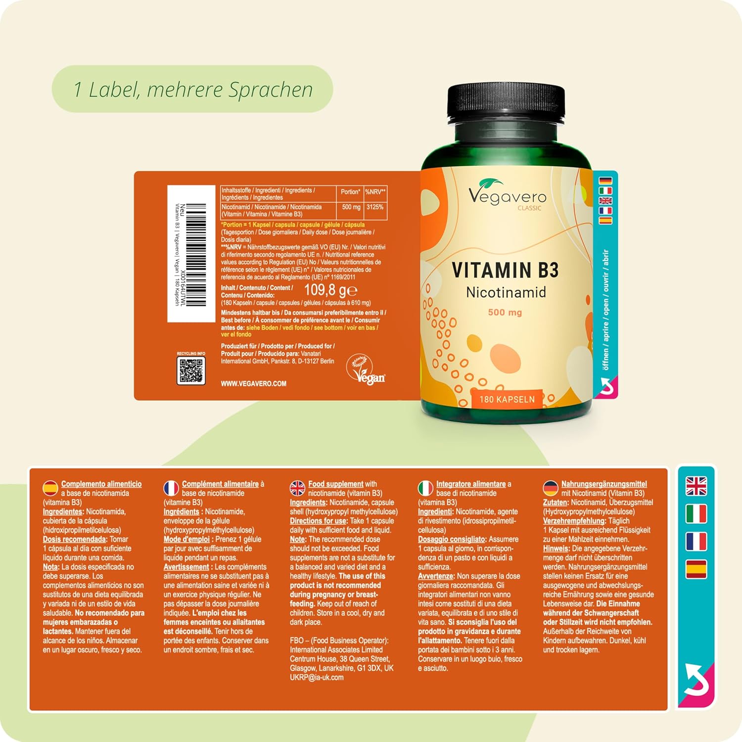 Thumbnail 5 de Vitamin B3 Niacin (Nicotinamid) 500 mg, flushfree – 180 Kapseln (6-Monatsvorrat) von Vegavero