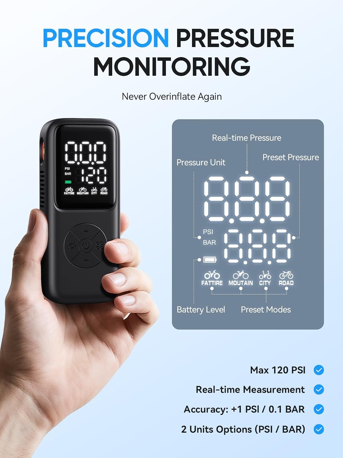 Thumbnail 3 de GPUTEK mini-elektrische fietspomp tot 120 PSI met digitale manometer en 5 modi