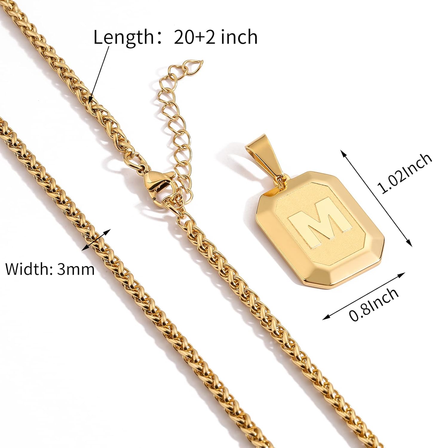 Thumbnail 5 de Miss Chipmunk Initial A-Z Halskette aus Edelstahl – Quadratischer Anhänger 26×20 mm, Weizen-Kette 20+2 Zoll