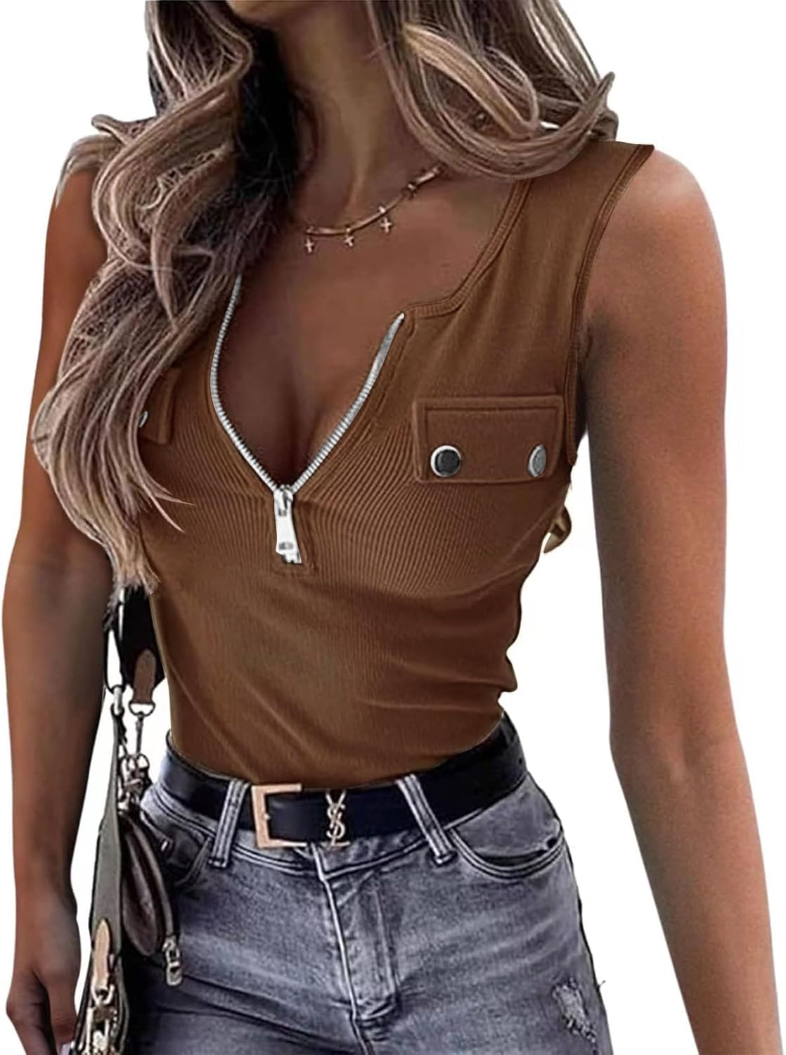 Detalle 1 de TrendiMax Women's Slim Fit Tank Top with Ribbed Knit and Zipper