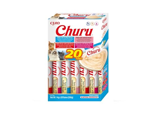 INABA Churu Friandises pour Chats – Multipack Fruits de Mer et Thon, 20 x 14 g