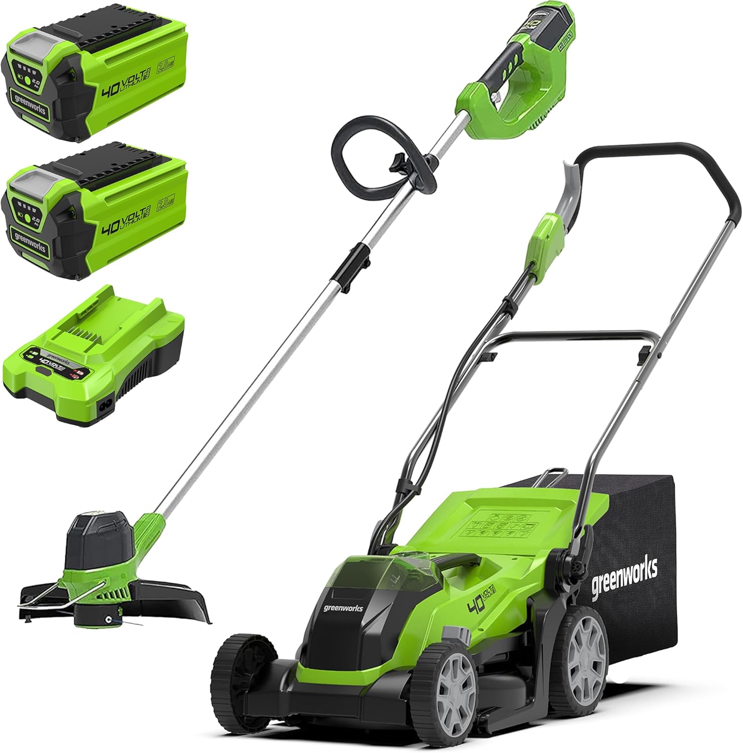 Greenworks G40LM35K2X + G40LT: tagliaerba 40V a batteria da 35 cm con 2 batterie 2Ah e tagliabordi