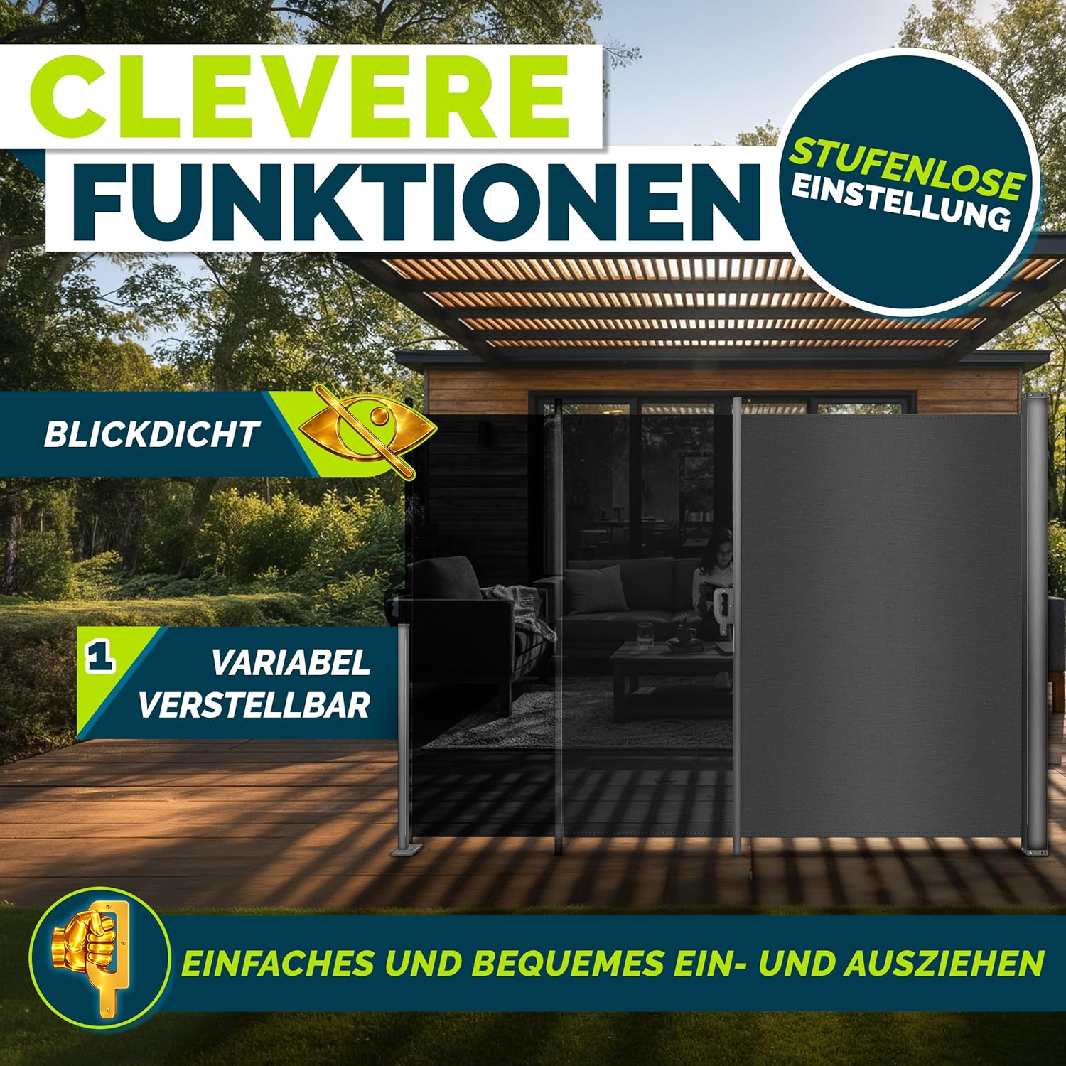 Thumbnail 1 de tillvex Seitenmarkise 160 x 350 cm – Ausziehbar, blickdicht mit Regencover, Wandhalterung