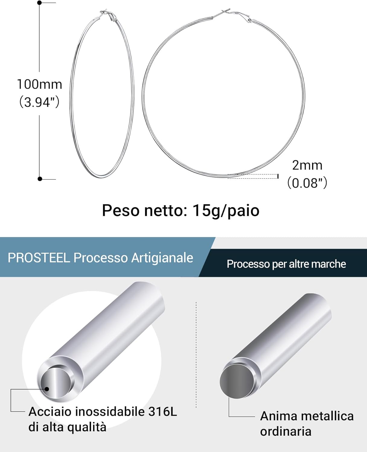Thumbnail 2 de Prosteel Orecchini Cerchio Argento Donna Oro Placcato 14K – Minimalismo Vintage, 20–100 mm, ipoallergenico