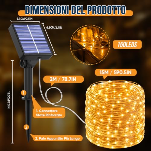 Detalle de Hoteril Luci Solari da Esterno 2 Pacchi 15+2M 150 LED IP65 – Decorazioni per Giardino, Patio e Alberi