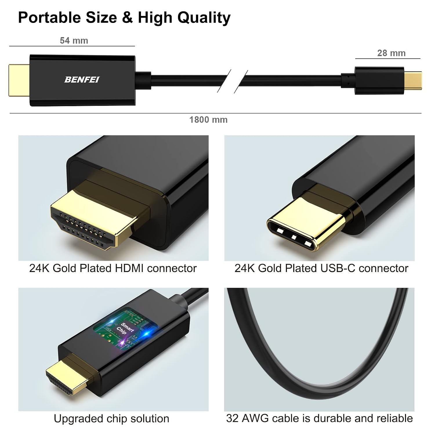 Thumbnail 6 de BENFEI USB-C (Thunderbolt 3) to HDMI 4K Cable (0.9m) – USB-C to HDMI Adapter, Gold-Plated