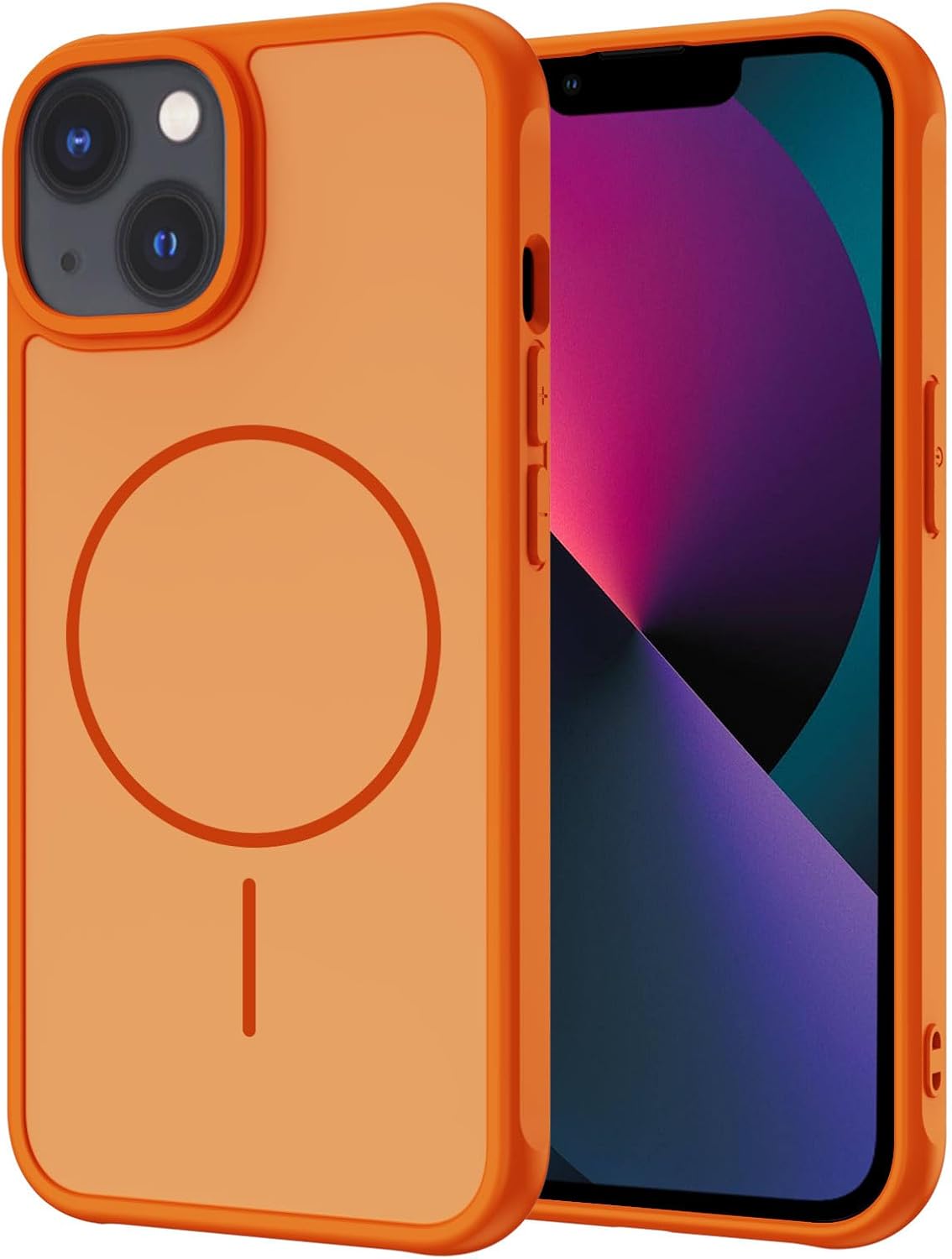 Detalle de XTCASE Coque Magnétique pour iPhone 13 — Dos translucide orange, bord TPU antichoc et bumper en aluminium