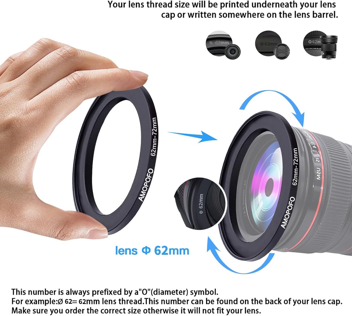 Detalle de AMOPOFO 62mm to 72mm Step Up Ring for Filters