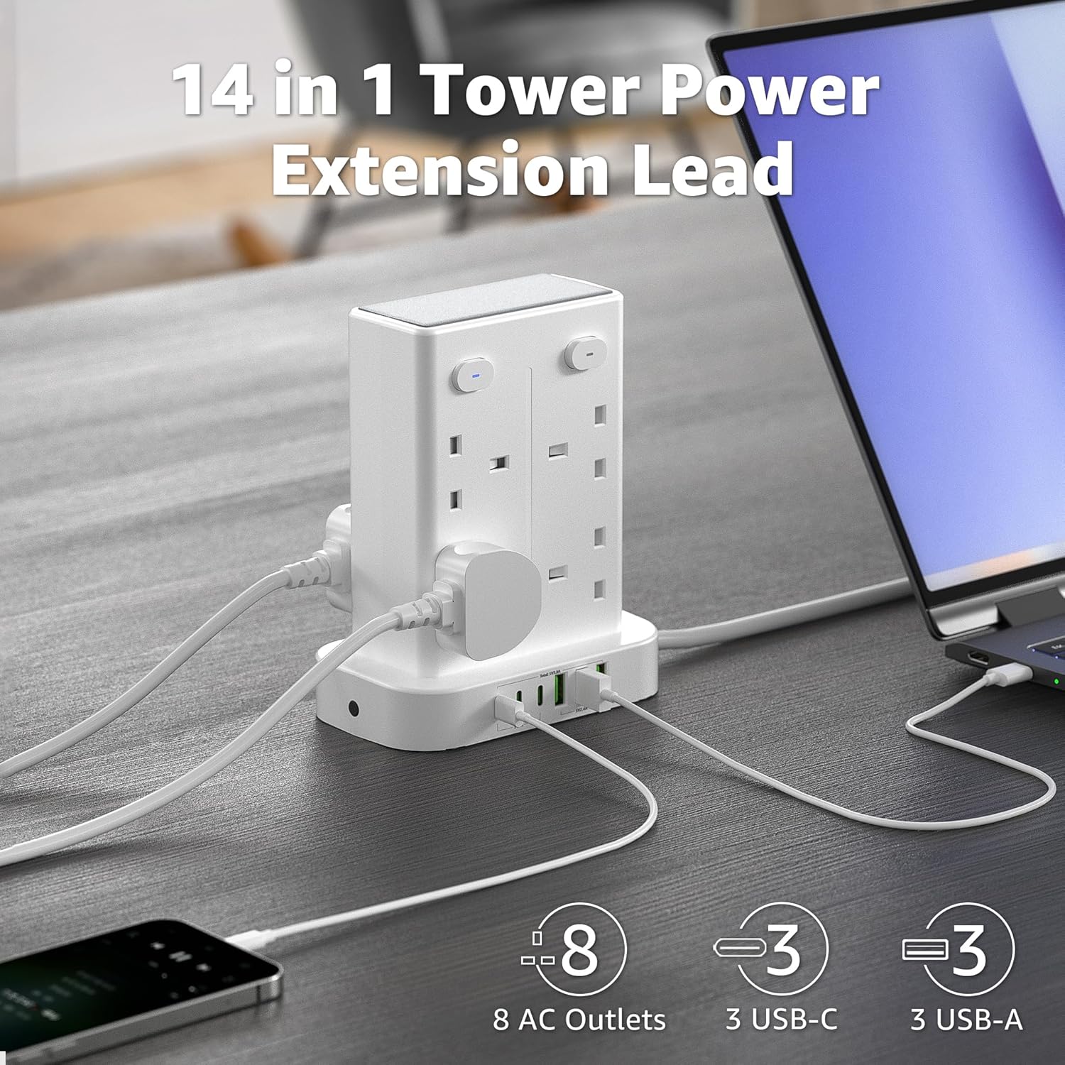 Thumbnail 1 de Tower Extension Lead with USB Slots - 8 Way Sockets, 13A, 3 USB A, 3 USB C, 1.8m Cable