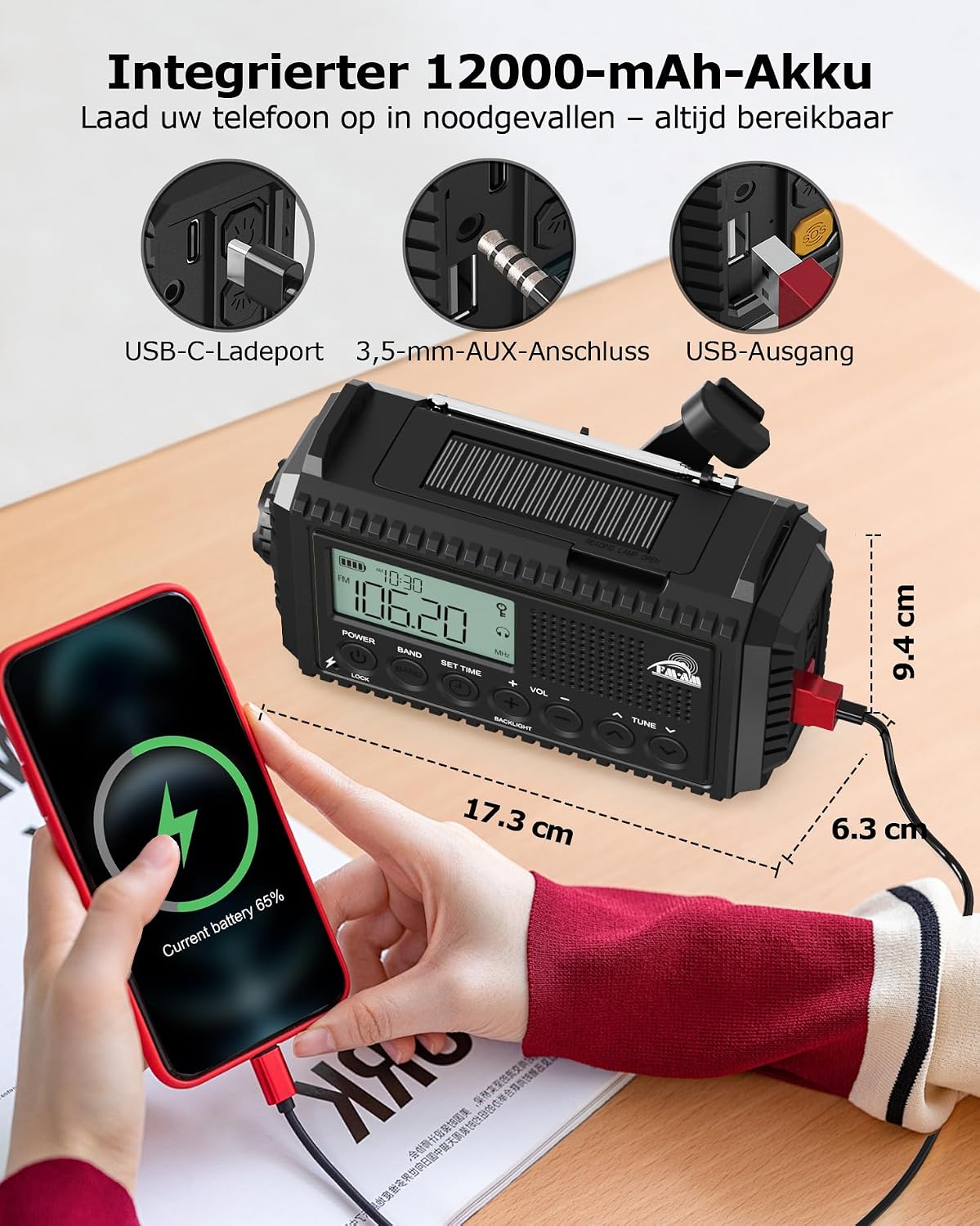 Detalle de Roxicosly CR1009Ultra-Schwarz noodradio met 12.000 mAh, zonnepaneel en handslinger