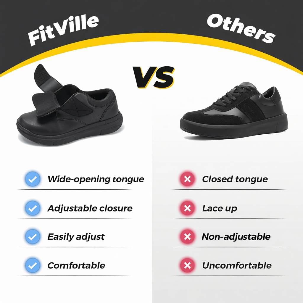 Detalle de FitVille chaussures pour hommes en cuir façon sneaker décontractée pour pieds larges, scratch réglable