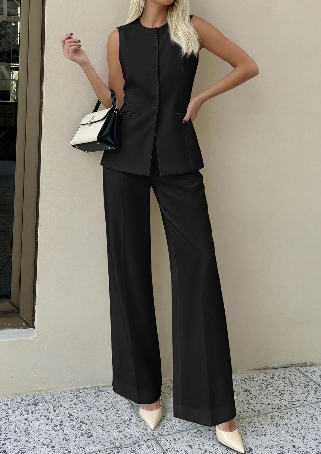 Detalle 2 de PRETTYGARDEN Women's 2 Piece Sets: Sleeveless Blazer Vest + Wide-Leg Pants, Spring/Summer Business Casual