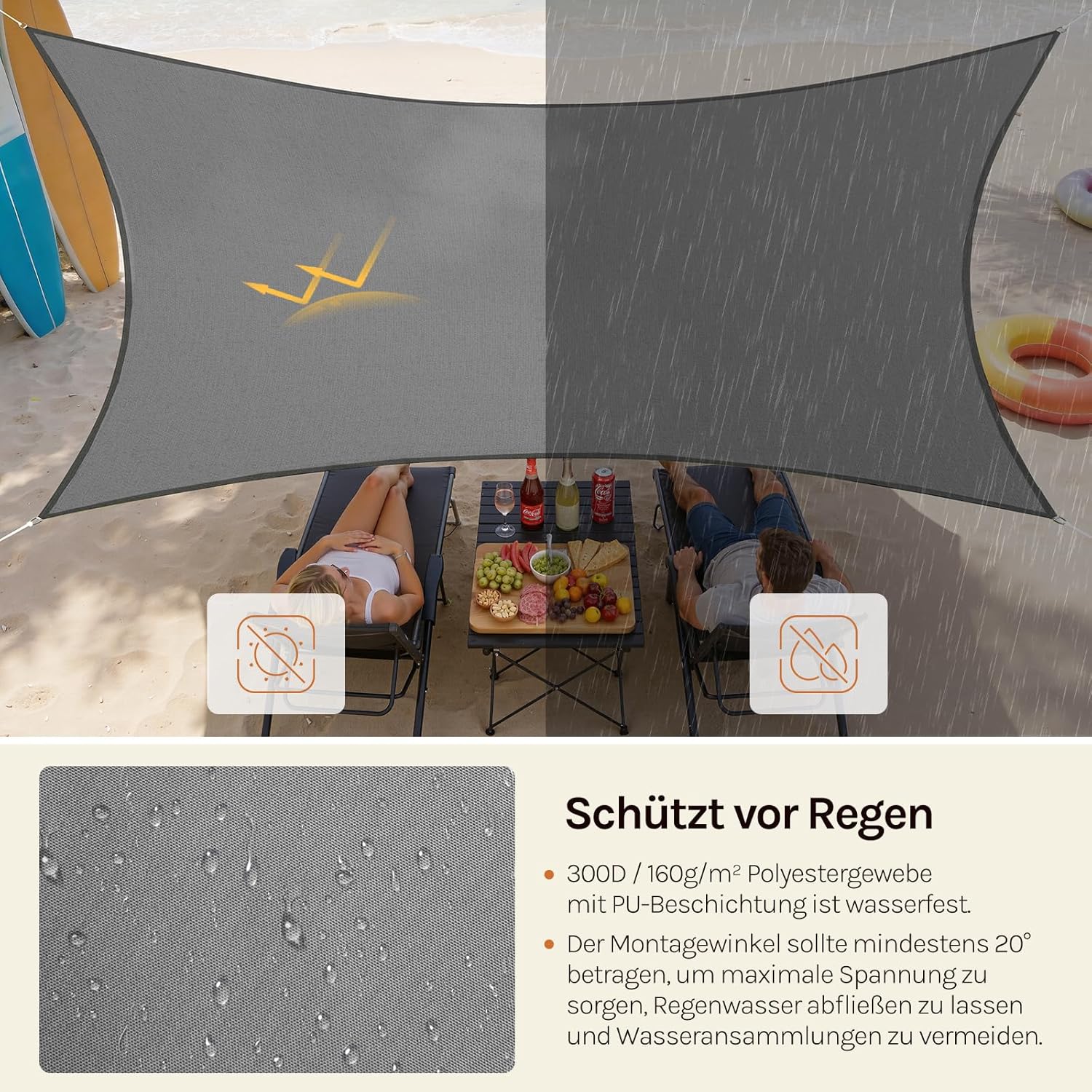 Thumbnail 2 de WOLTU Sonnensegel Rechteck 4x6 m grau – wasserabweisend mit UV-Schutz für Garten, Terrasse & Camping