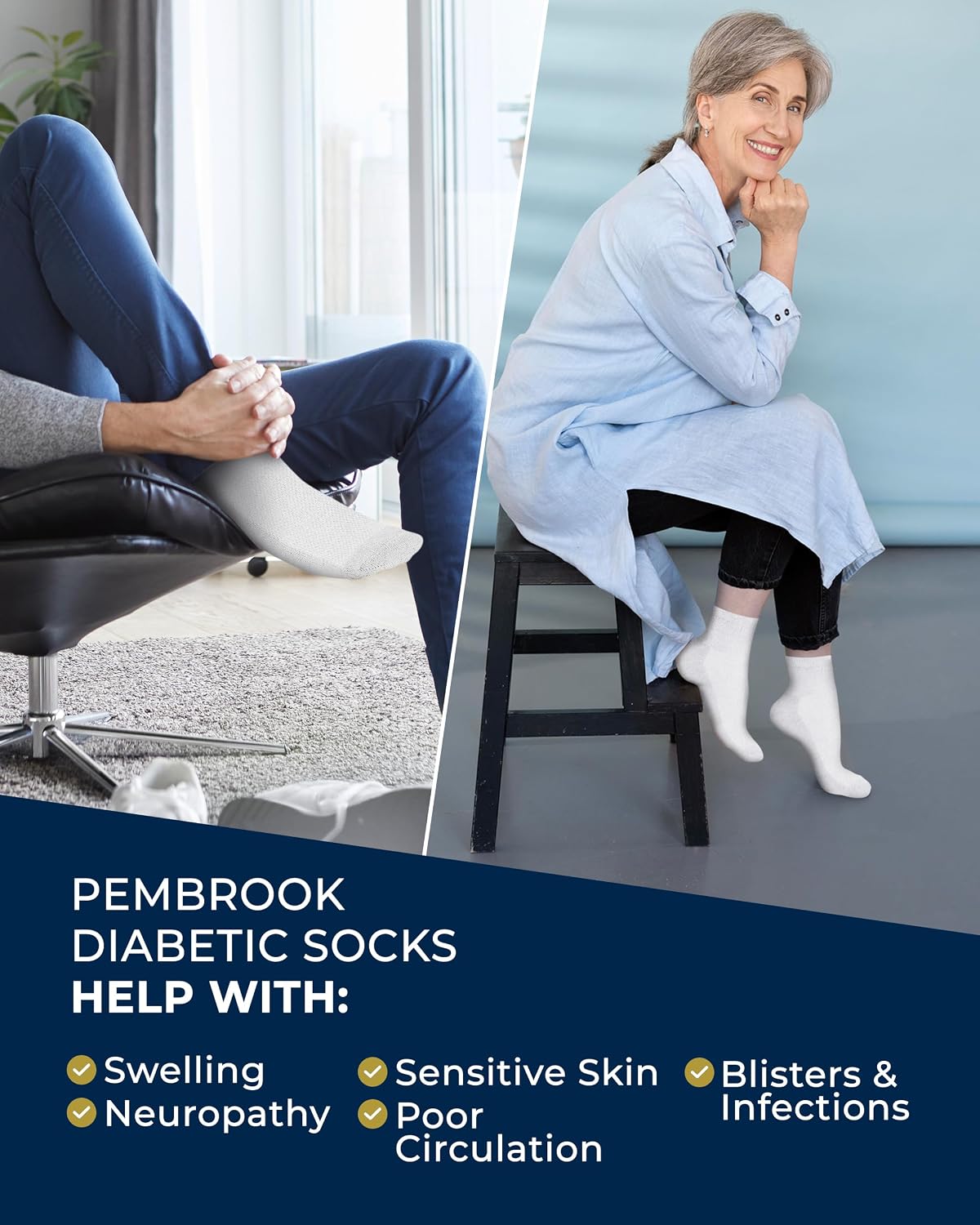 Detalle de Pembrook Ankle Diabetic Socks for Women & Men – 6 Pairs, Wide Non-Binding Quarter Length, Edema & Neuropathy Relief
