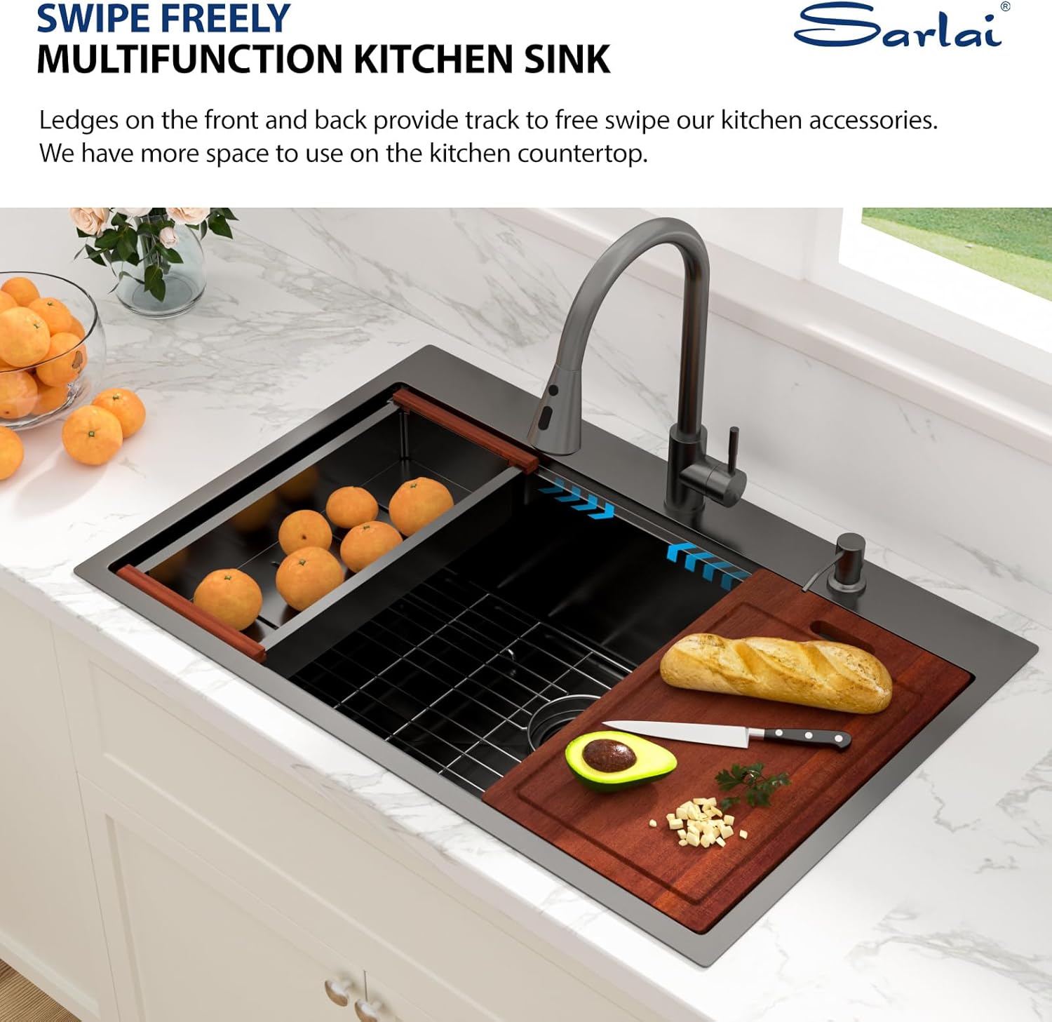 Thumbnail 4 de Sarlai 33 Black Kitchen Sink with Faucet – 33x22 Inch Drop-In, Gunmetal Black, 16-Gauge Stainless Steel, Workstation with Pull-Out Faucet