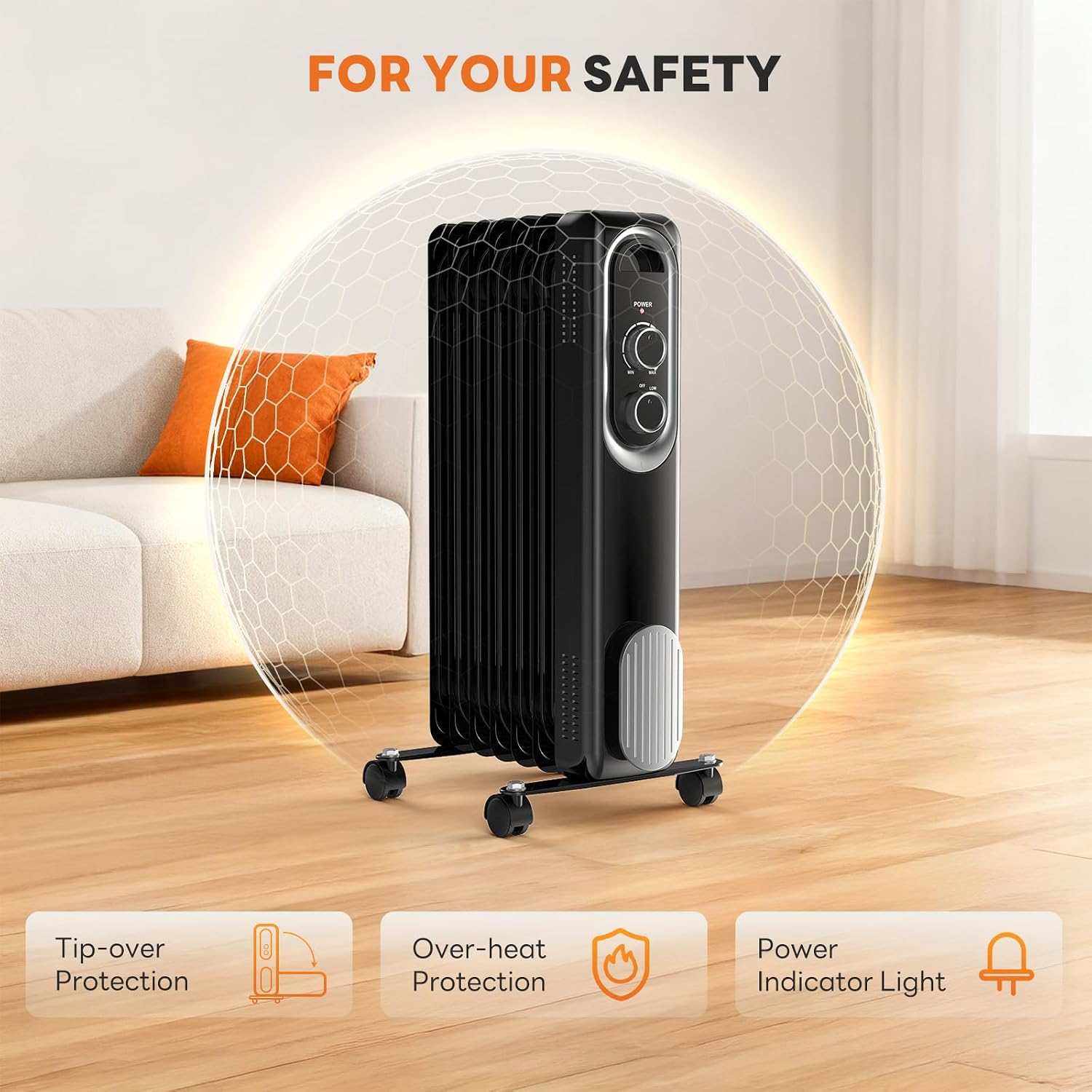 Thumbnail 6 de Sweetcrispy AH-QNQ1YT1-26BK Oil-Filled Radiator Heater, 1500W, Quiet