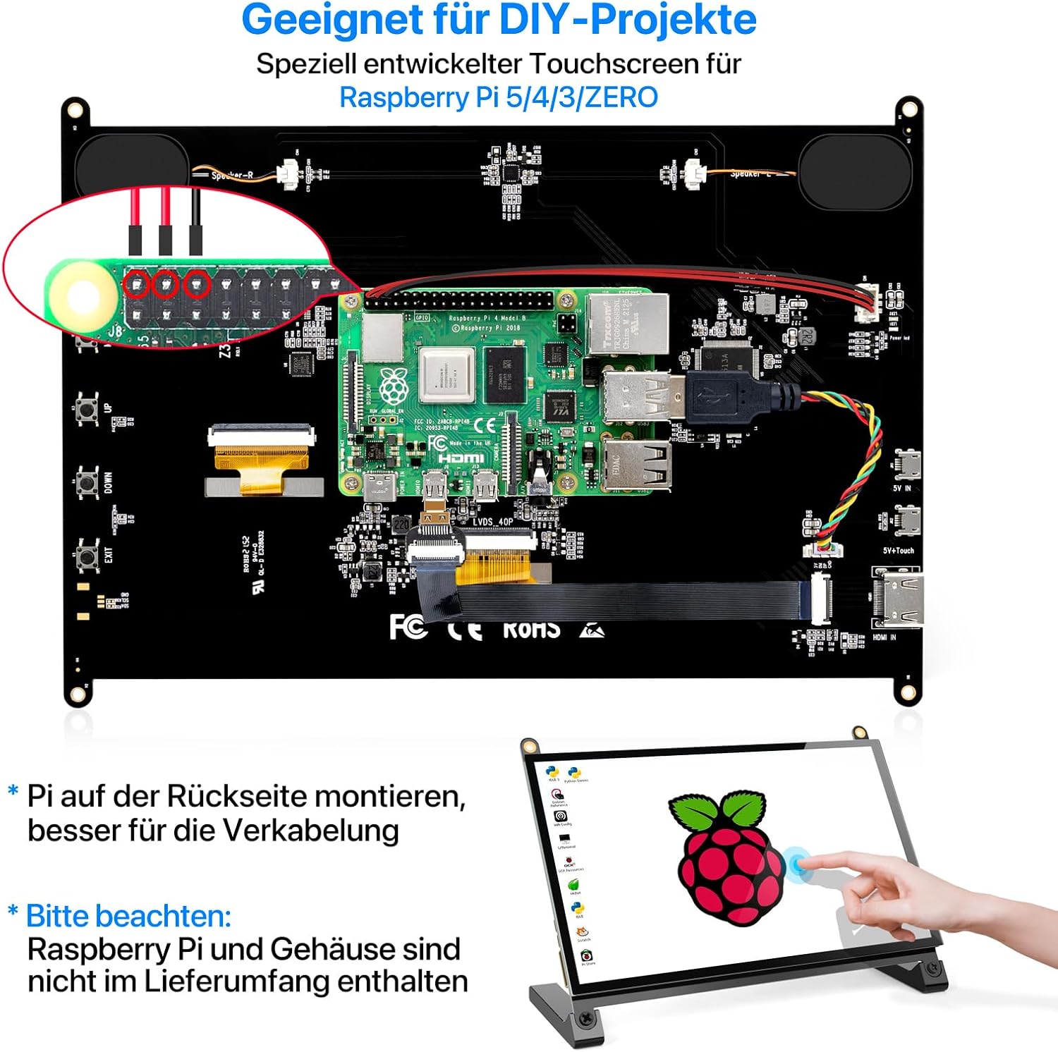 Detalle 2 de ROADOM Raspberry Pi Bildschirm 10,1" Touchscreen (IPS, HDMI, FHD) – treiberfrei für Pi 5/4/3/Zero
