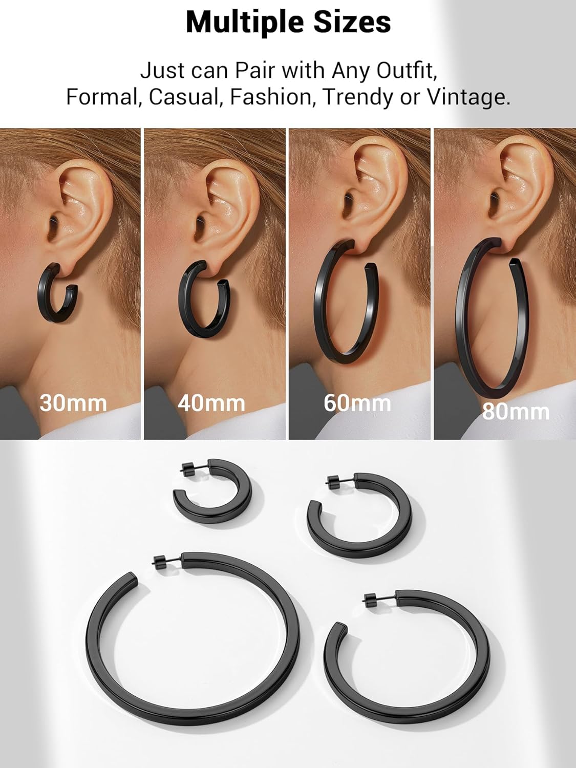 Thumbnail 3 de PROSTEEL Demies créoles ouvertes femme en acier inoxydable 316L, plaqué or ou noir (20–80 mm)