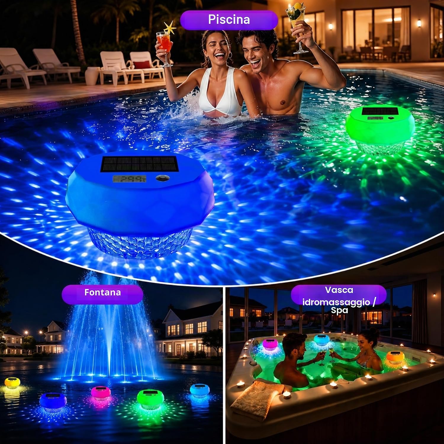 Detalle de Termometro Digitale Solare per Piscina – Galleggiante con Display, 8 Effetti Luminosi e Dosatore di Cloro, IP68