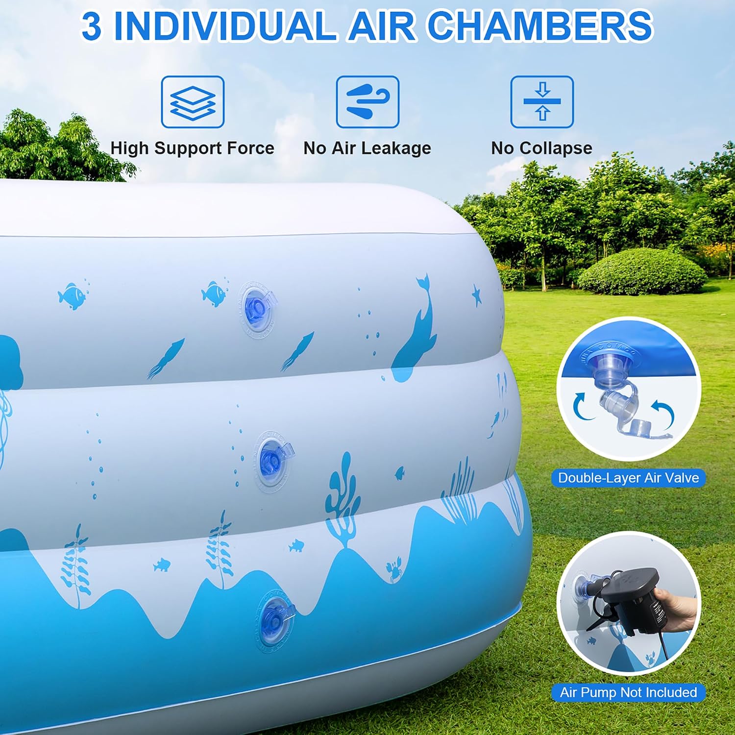 Detalle de Large Inflatable Pool with Lights (145" x 74" x 22") — Solar-Powered, UV-Resistant, 744-Gallon Family Pool