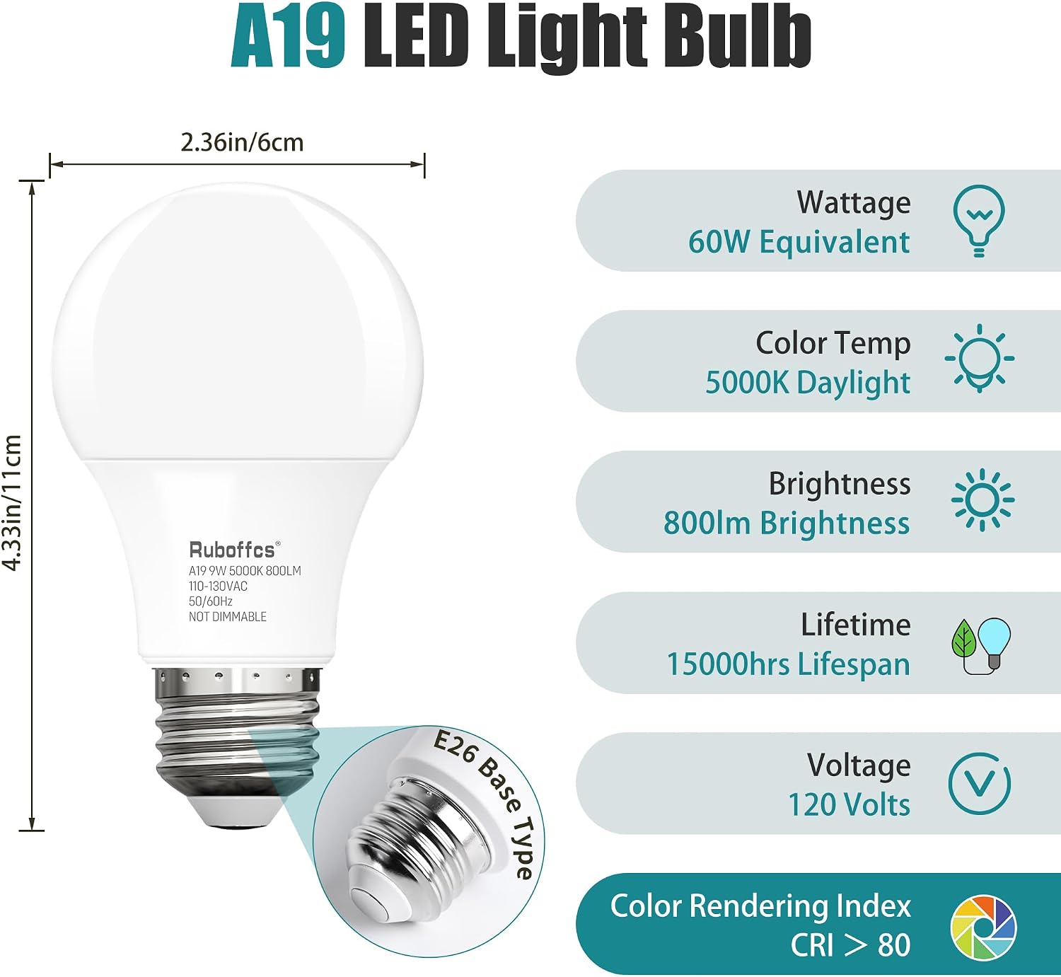 Detalle 2 de Ruboffcs R-A19-9W A19 LED Bulbs, 5000K Daylight, 800 Lumens, 6-Pack