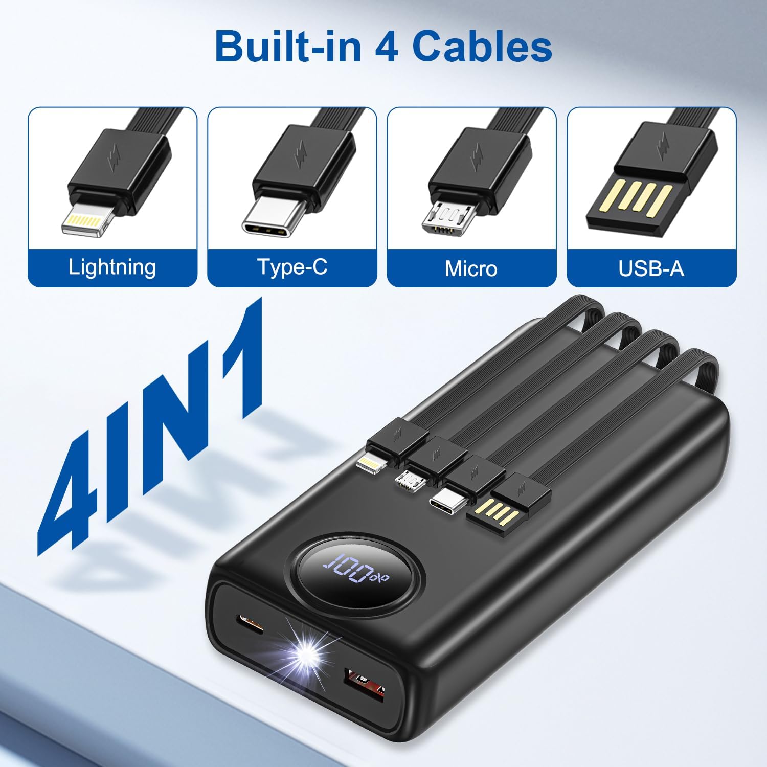 Detalle 2 de Bamkey Power Bank 20000 mAh 22,5W con 4 cavi integrati e display LED