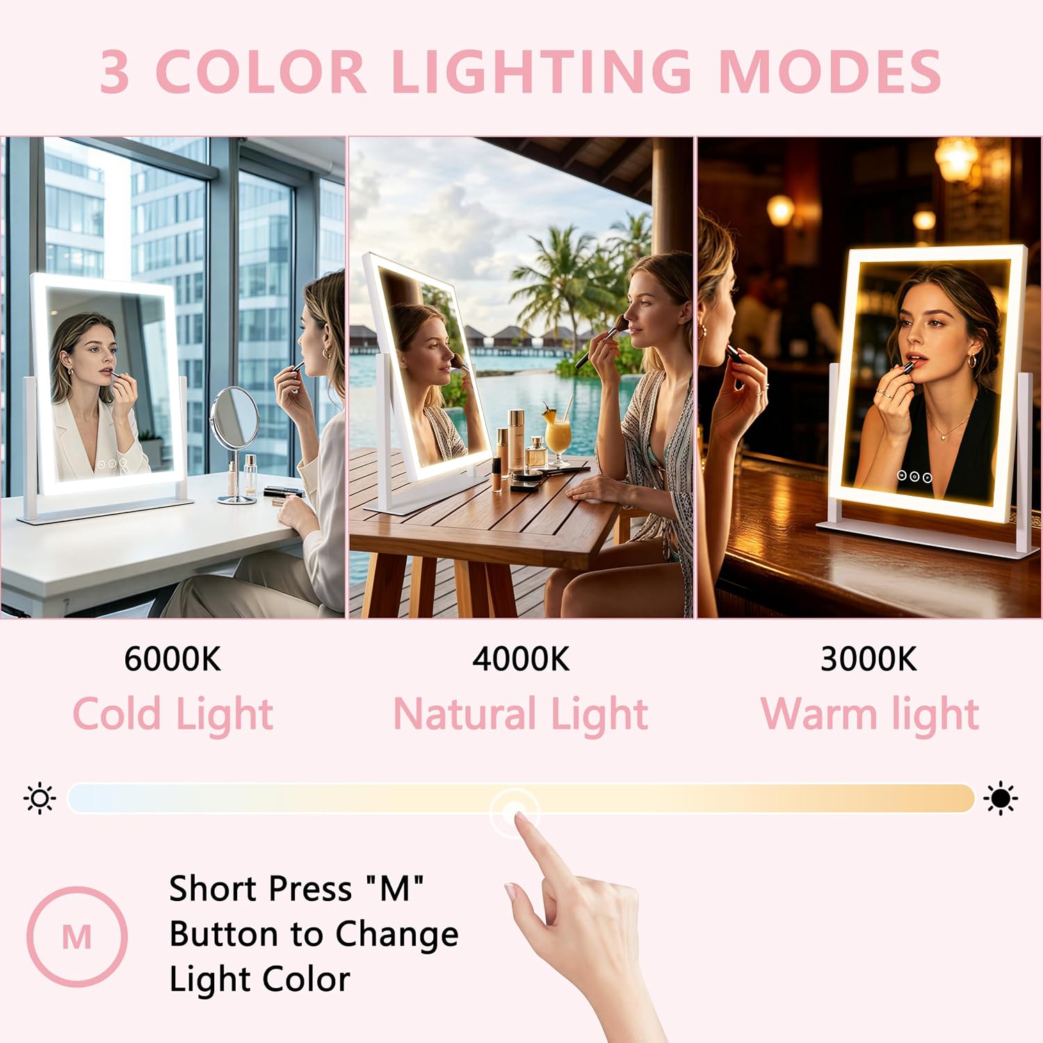 Detalle de Lighted Vanity Mirror with Lights: 16.7 x 13.2 inches, 180 LEDs, 3 Color Modes, 360° Rotation