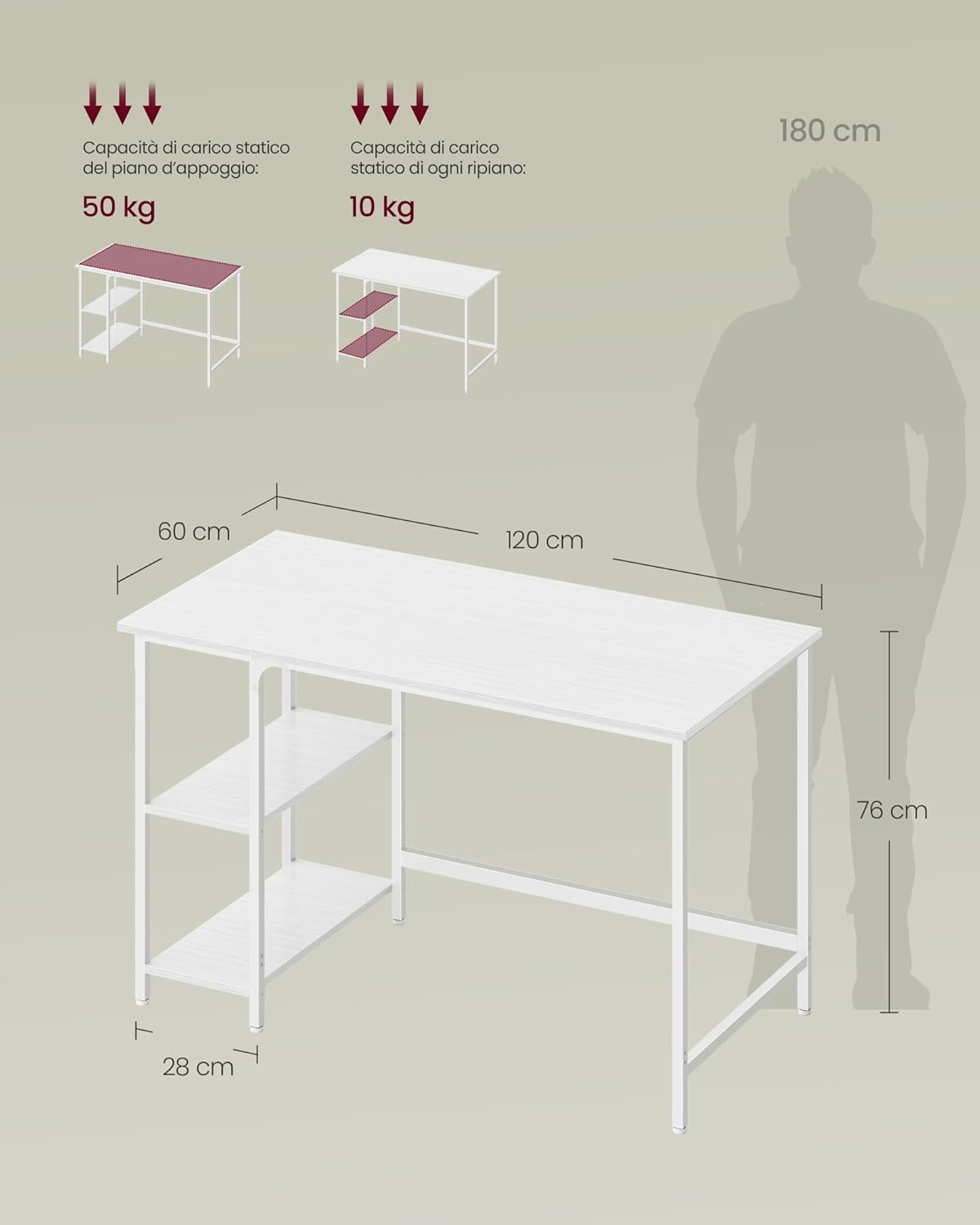Detalle de VASAGLE Scrivania per Computer LWD047W44 120 x 60 cm bianco acciaio