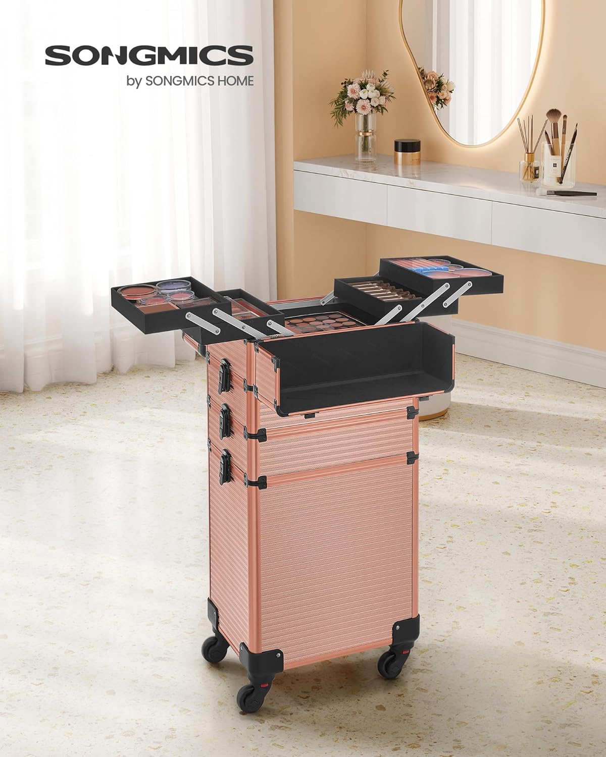 Detalle 2 de SONGMICS Kosmetikkoffer Trolley 4-in-1 Schminkkoffer JHZ015A01 – extra groß, Champagnergold
