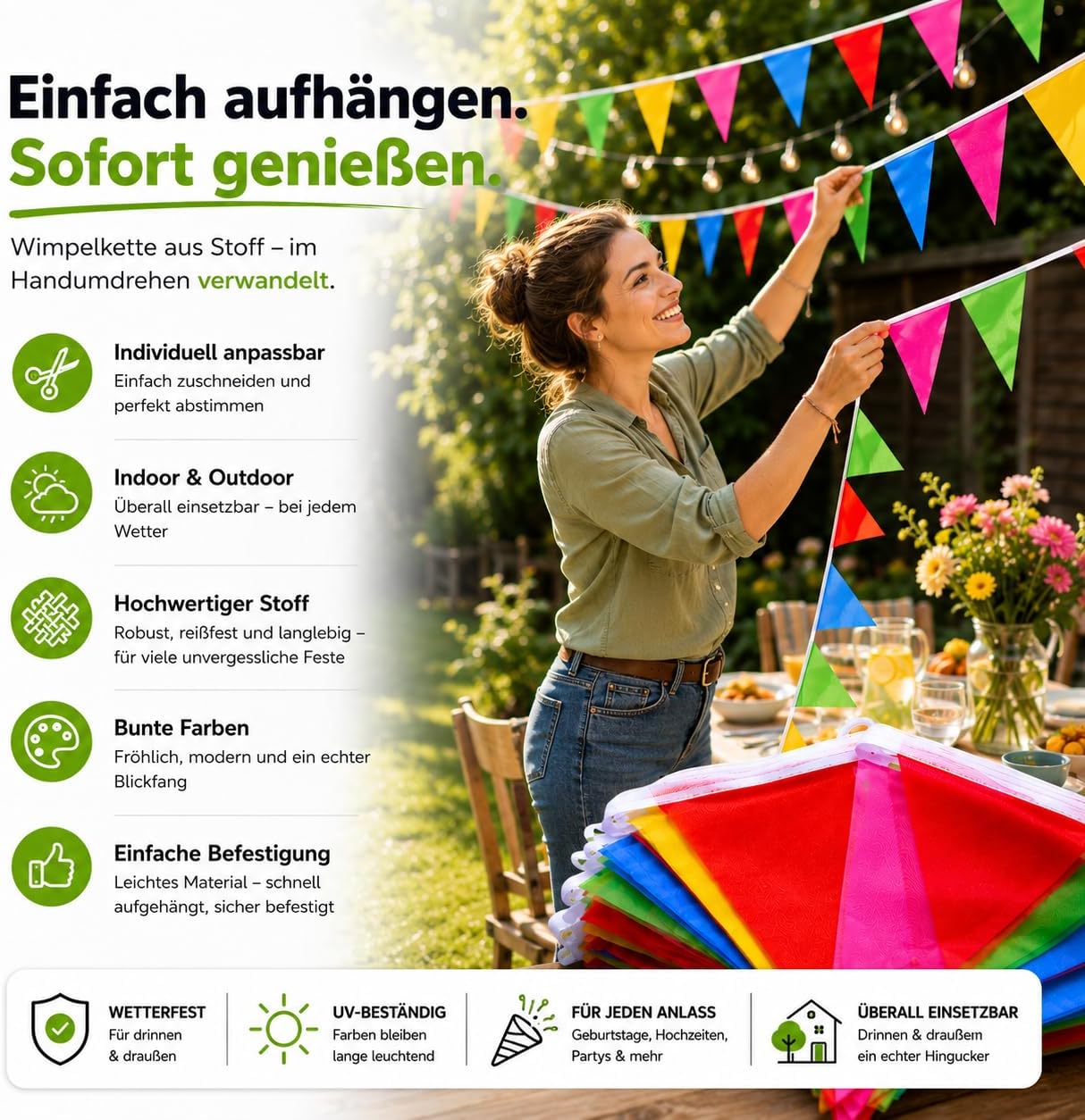 Detalle de XXL Wimpelkette Stoff 100 Meter bunt – Girlande & Banner für Indoor und Outdoor Deko