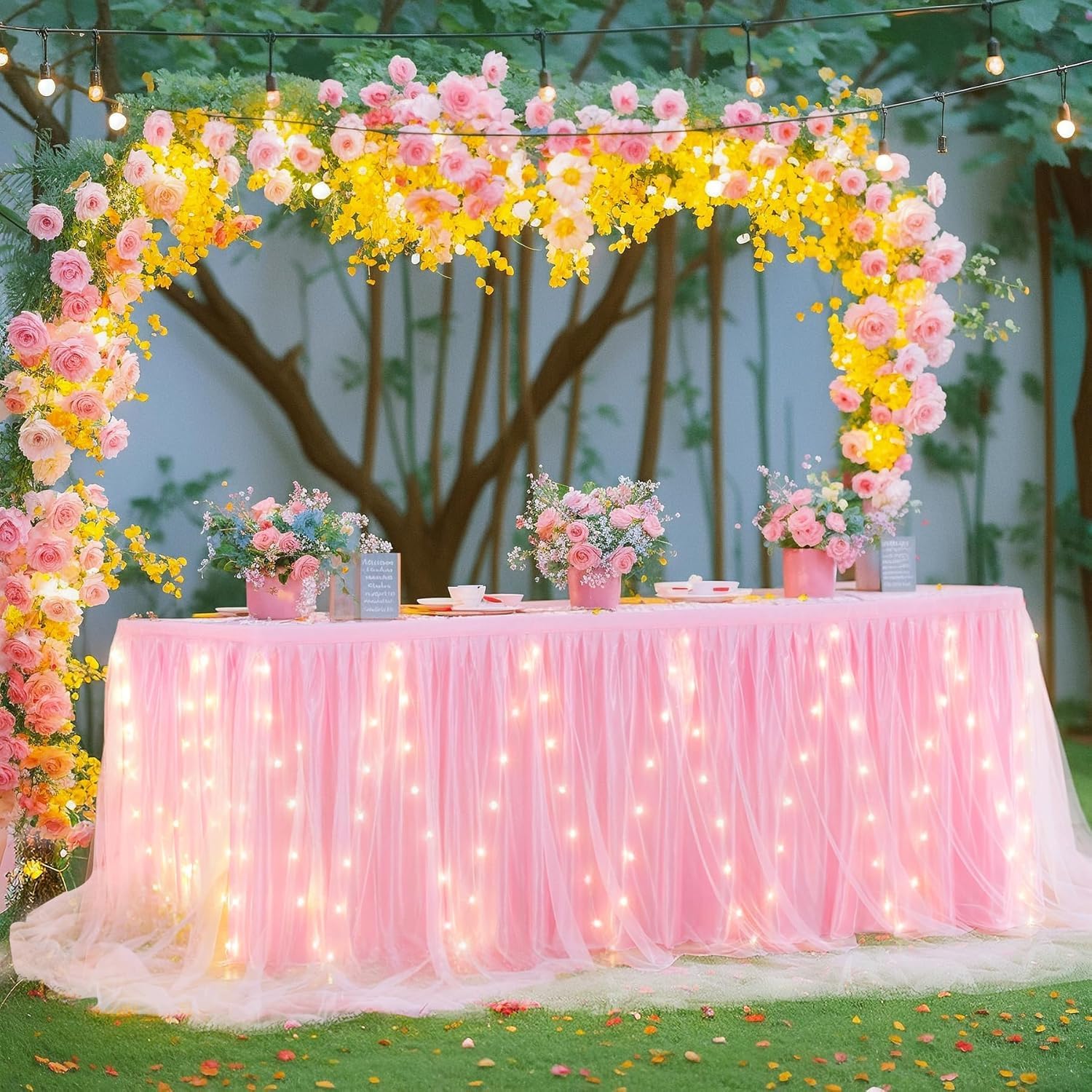 Detalle de HB HBB MAGIC Jupe de table en tulle rose à lumière LED (HBBMAGIC) à volants