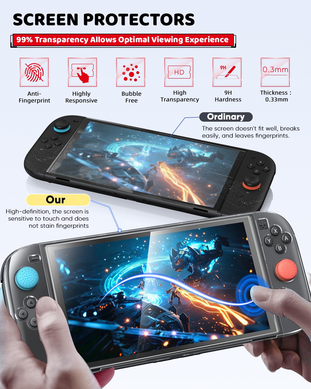 Detalle de Zubehör für Switch 2 (2025) – Slim Tragetasche mit 2 HD-Glasdisplay-Schutzfolien, Crystal Cover-Set, Staubstopfer-Kit und 4 Daumengriffe
