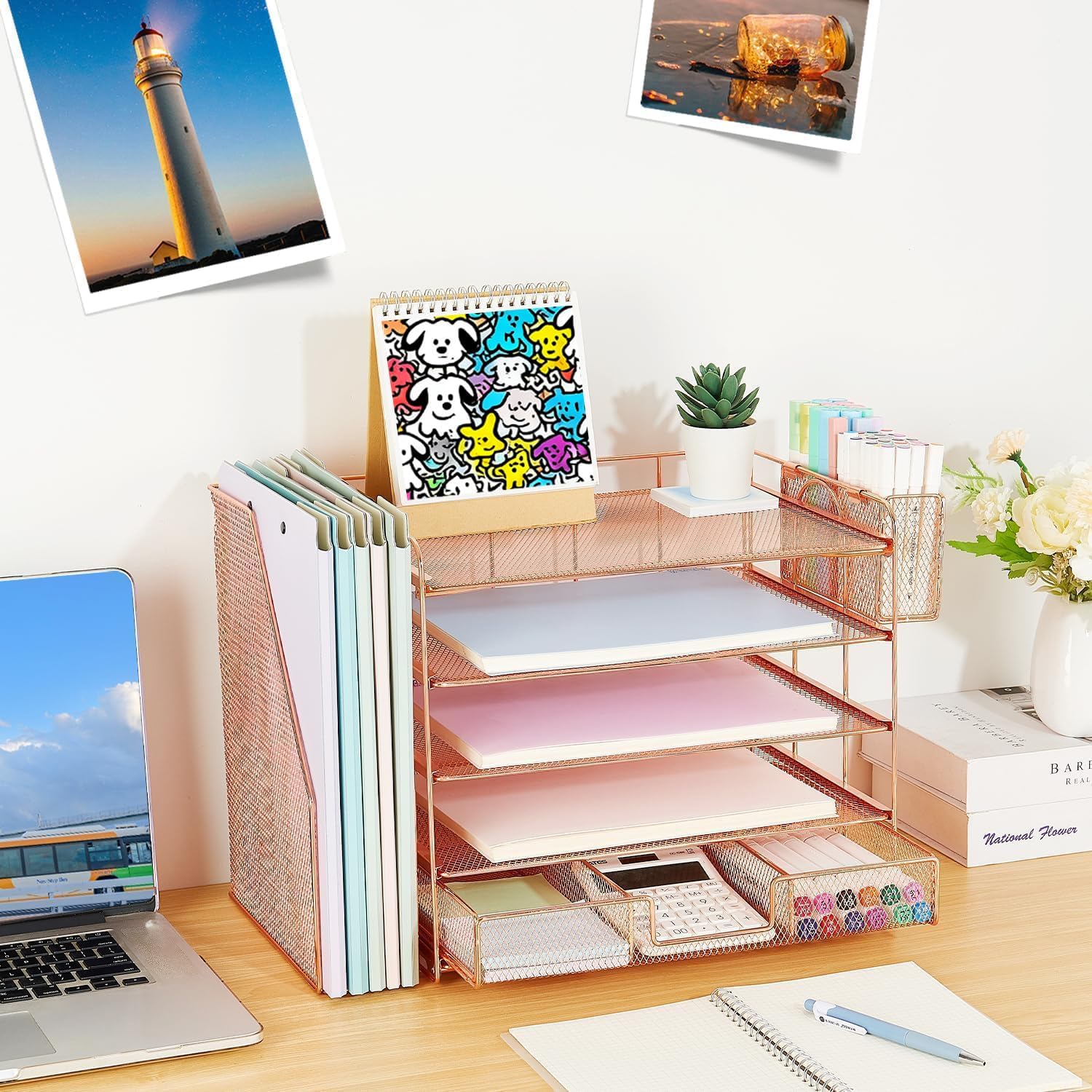 Detalle 2 de Gugsey 5 Tier Desk Organizer, Rose Gold Metal File Holder with Drawer
