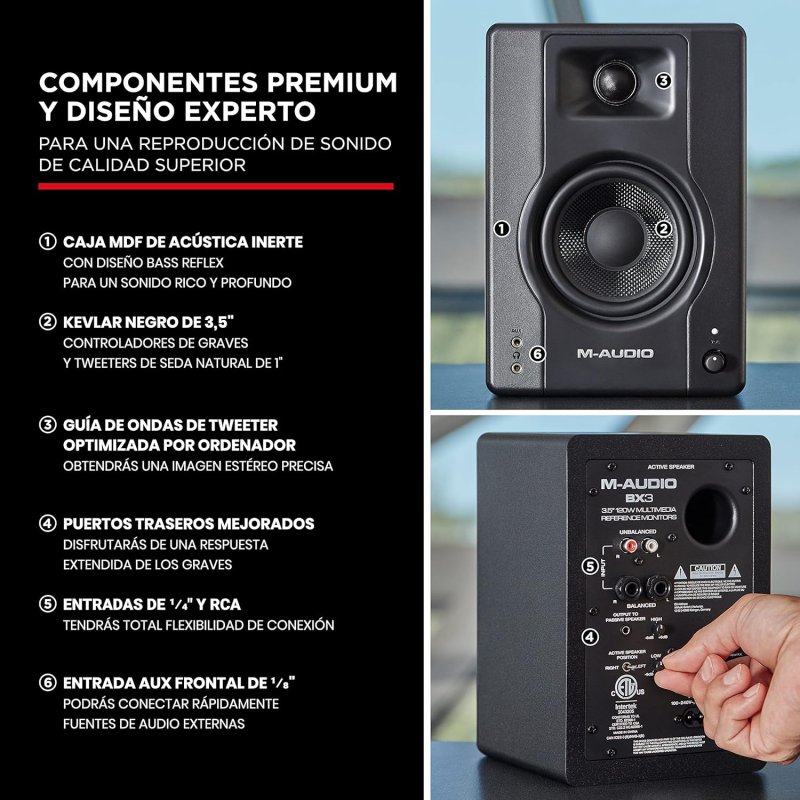 Detalle de M-Audio BX3: Monitores de Estudio Activos 120 W, 3.5" para Producción y Streaming