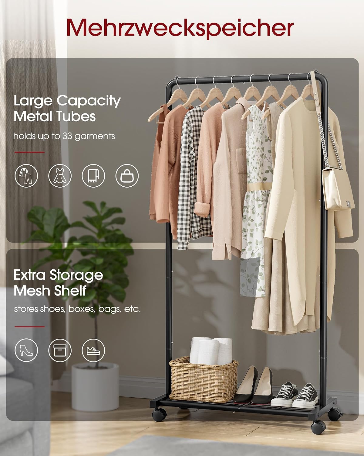 Thumbnail 3 de Sakugi Clothes Rail – Movable Heavy-Duty Clothing Rack with Bottom Shoes Shelf