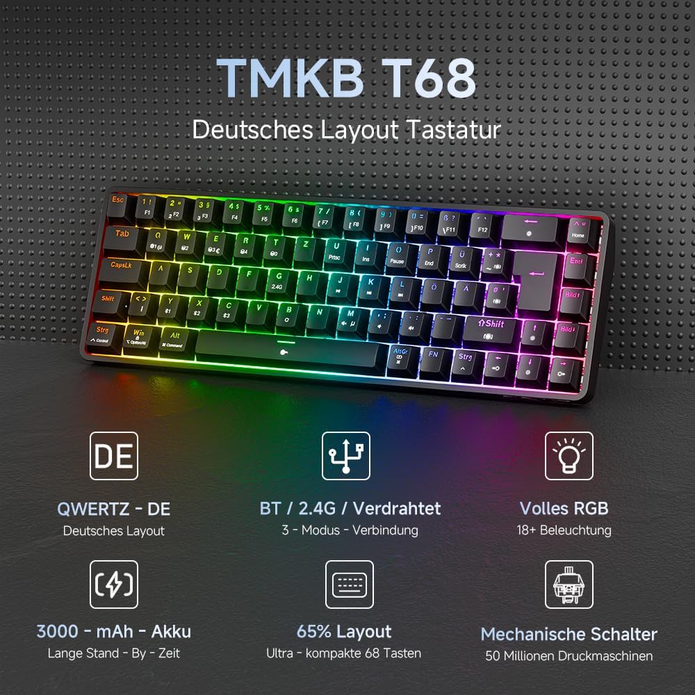 Detalle 2 de TMKB T68 Gaming-Tastatur (68 Tasten) – kabellos via Bluetooth/2.4G, mechanische Blue Clicky Switch, QWERTZ