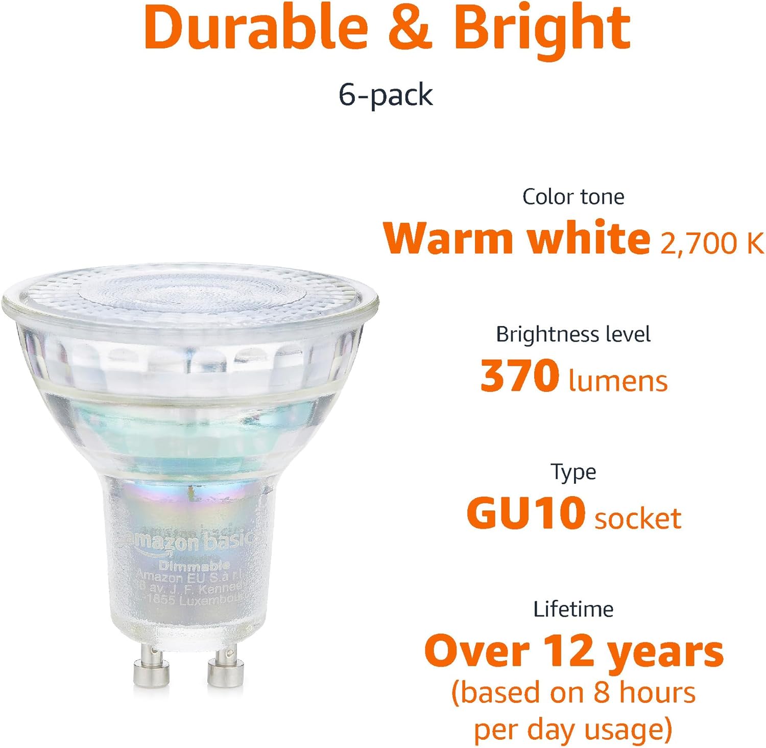 Detalle 2 de Amazon Basics Professional LED GU10 Spotlight Bulb (6-Pack) – 4.8W, 2700K Warm White, Dimmable