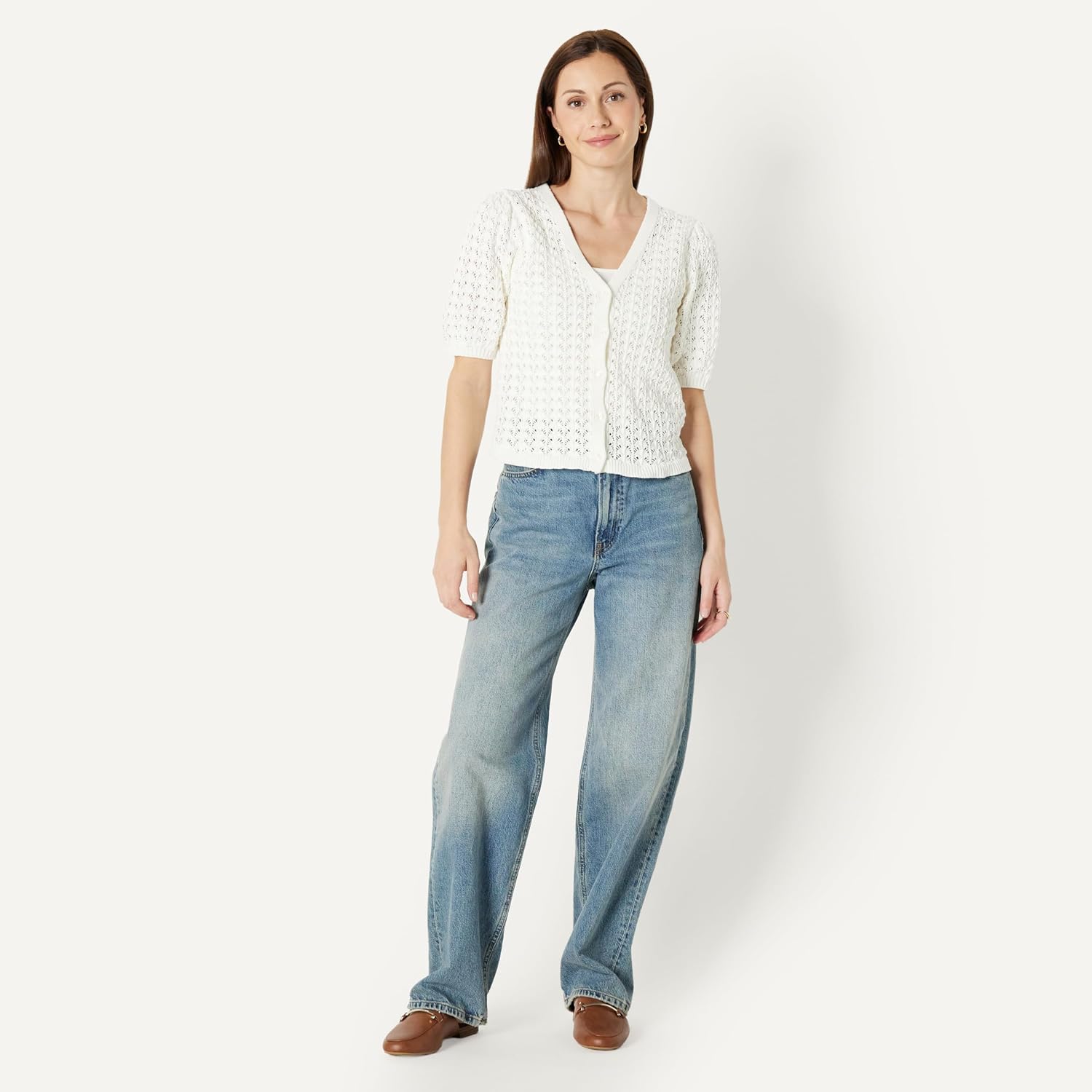 Detalle de Amazon Essentials Damen Kurzärmeliger Häkel-Cardigan aus Baumwolle – leichtes, atmungsaktives Sommertop mit V-Ausschnitt